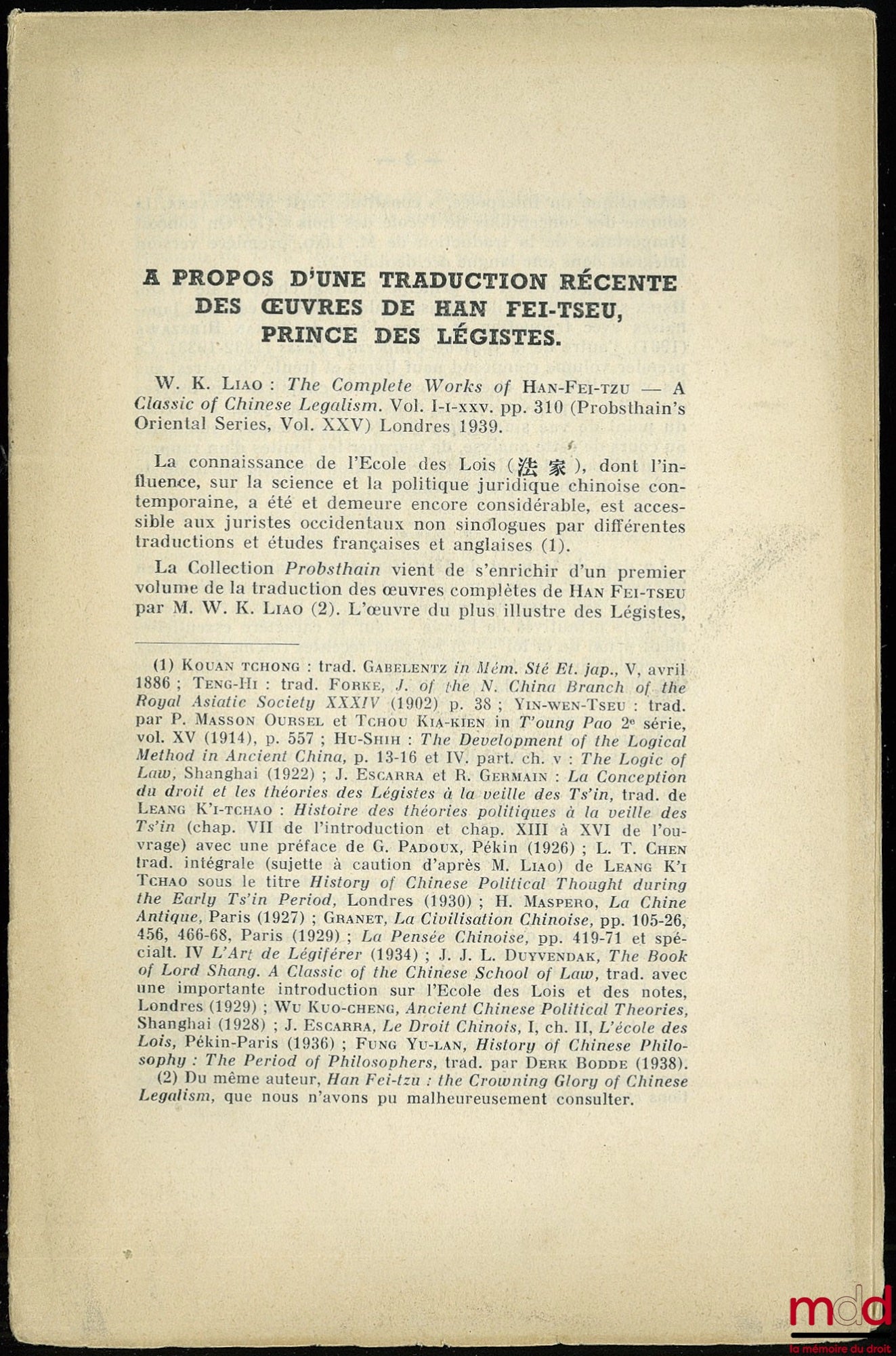 PINTO (Roger) – ON A RECENT TRANSLATION OF THE WORKS OF HAN FEI-TZU, PRINCE OF THE LEGITIMS