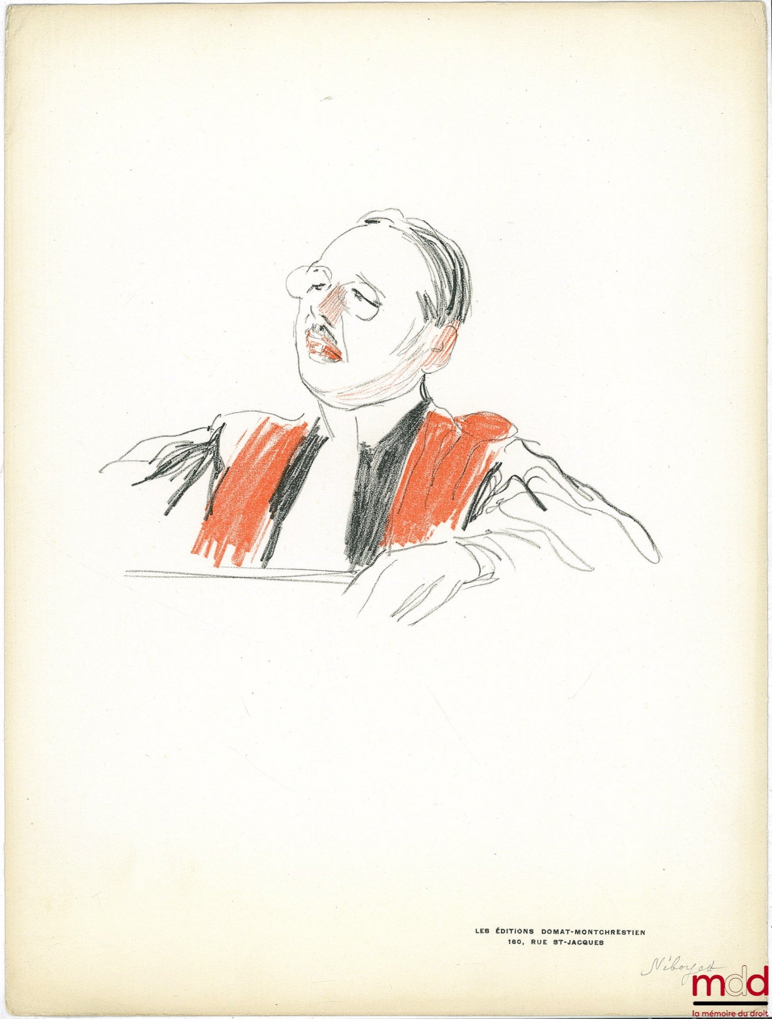 PAZZI [PROTOPAZZI (Antoine) dit] – ROUGE ET NOIR. 8 Lithographies originales de Pazzi représentant MMS. CORDIER [appariteur], Gaston JÈZE, Jean-Paulin NIBOYET, William OUALID, René MAUNIER, Henri BERTHÉLEMY, René JACQUELIN, Henri LÉVY-BRÜHL