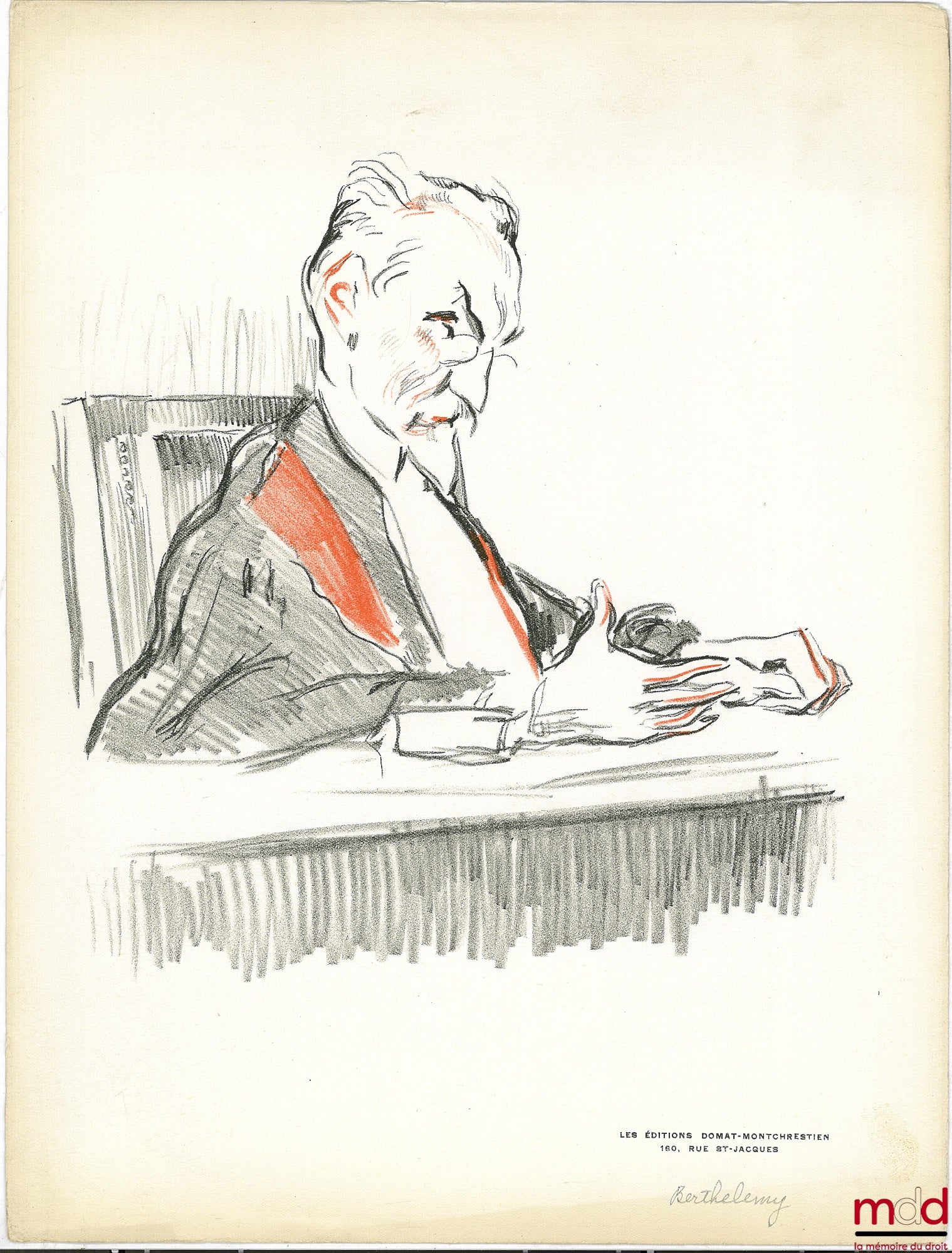 PAZZI [PROTOPAZZI (Antoine) dit] – ROUGE ET NOIR. 8 Lithographies originales de Pazzi représentant MMS. CORDIER [appariteur], Gaston JÈZE, Jean-Paulin NIBOYET, William OUALID, René MAUNIER, Henri BERTHÉLEMY, René JACQUELIN, Henri LÉVY-BRÜHL