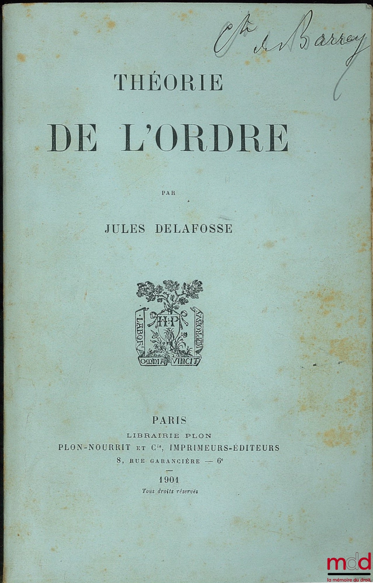 DELAFOSSE (Jules) – THÉORIE DE L’ORDRE