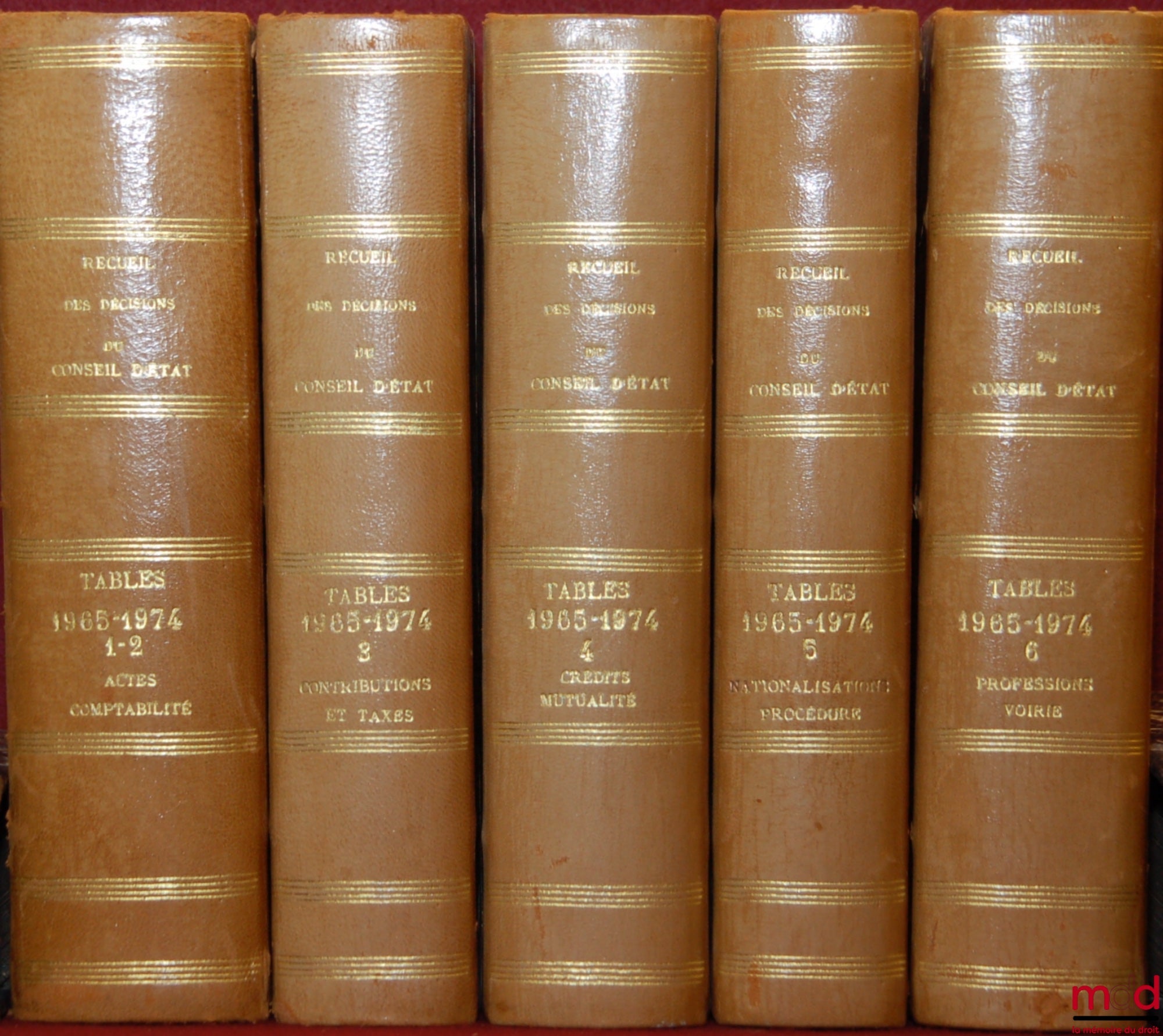 [Recueil Lebon - Conseil d’État] – TABLES DÉCENNALES DU RECUEIL DES DÉCISIONS DU CONSEIL D’ÉTAT 1965 - 1974 ; t. I et II : de Actes législatifs et administratifs à Assurance et Prévoyance ; t. III : Contributions et Taxes ; t. IV : de Crédits et Banques à