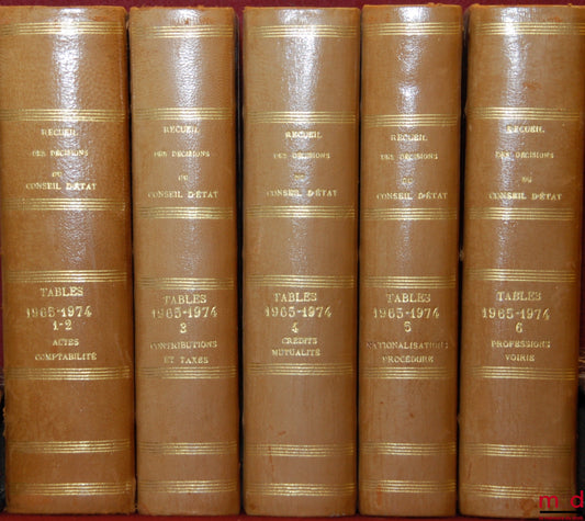 [Recueil Lebon - Conseil d’État] – TABLES DÉCENNALES DU RECUEIL DES DÉCISIONS DU CONSEIL D’ÉTAT 1965 - 1974 ; t. I et II : de Actes législatifs et administratifs à Assurance et Prévoyance ; t. III : Contributions et Taxes ; t. IV : de Crédits et Banques à