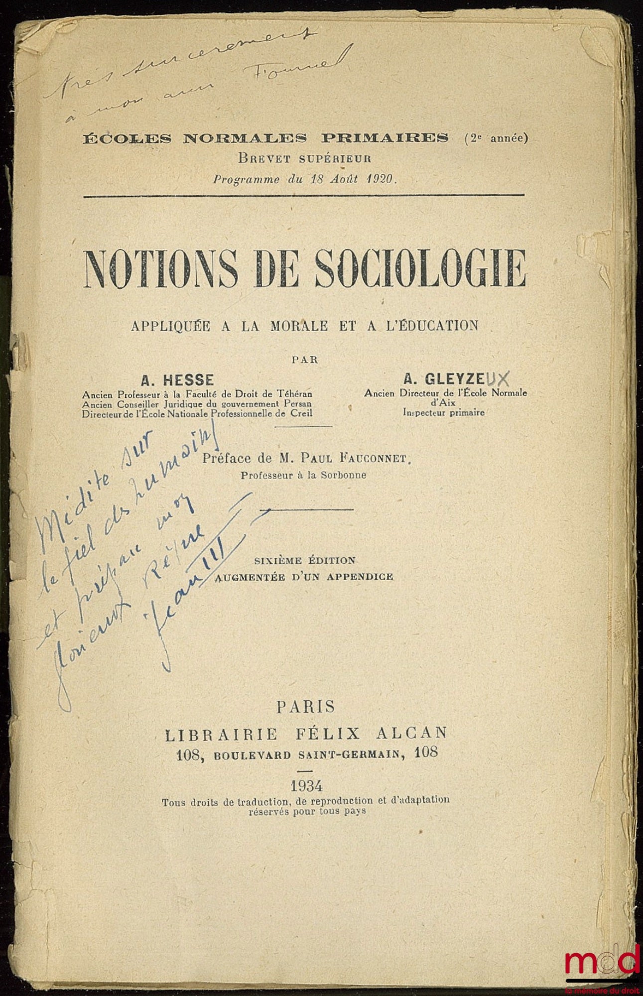 HESSE (A.) et GLEYZE (A.) – NOTIONS DE SOCIOLOGIE appliquée à la morale et à l’éducation, Préface de Paul Fauconnet, 6ème éd. augmentée d’un appendice