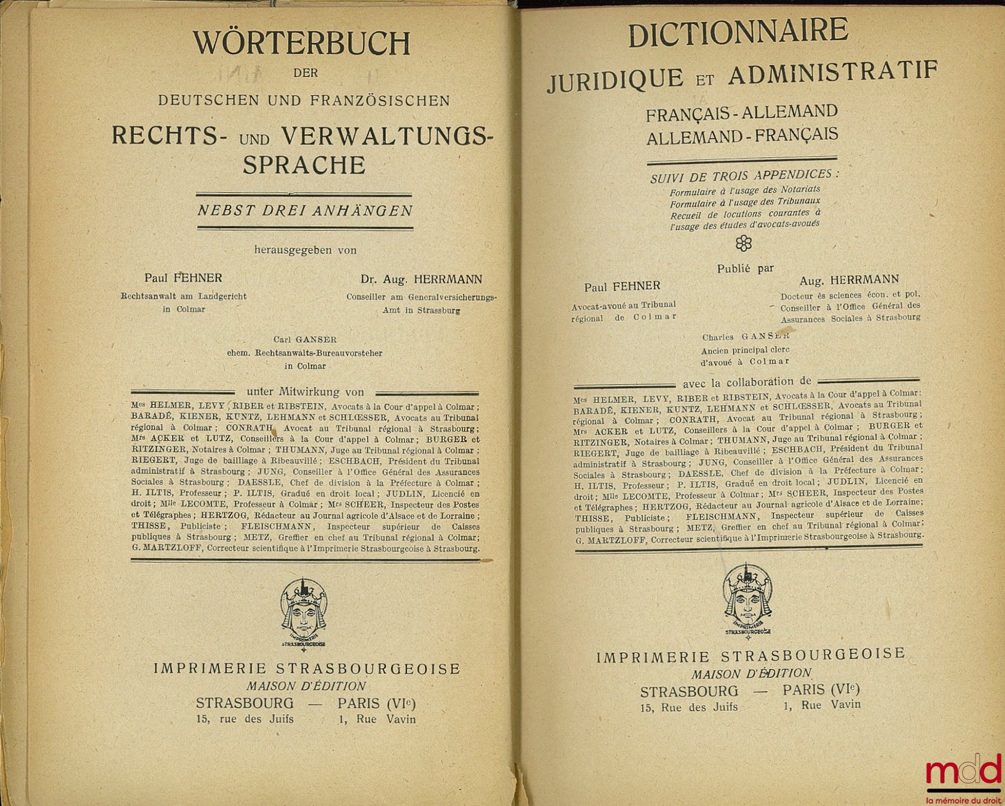 FEHNER (Paul) and HERRMANN (Aug.) – FRENCH-GERMAN, GERMAN-FRENCH LEGAL AND ADMINISTRATIVE DICTIONARY