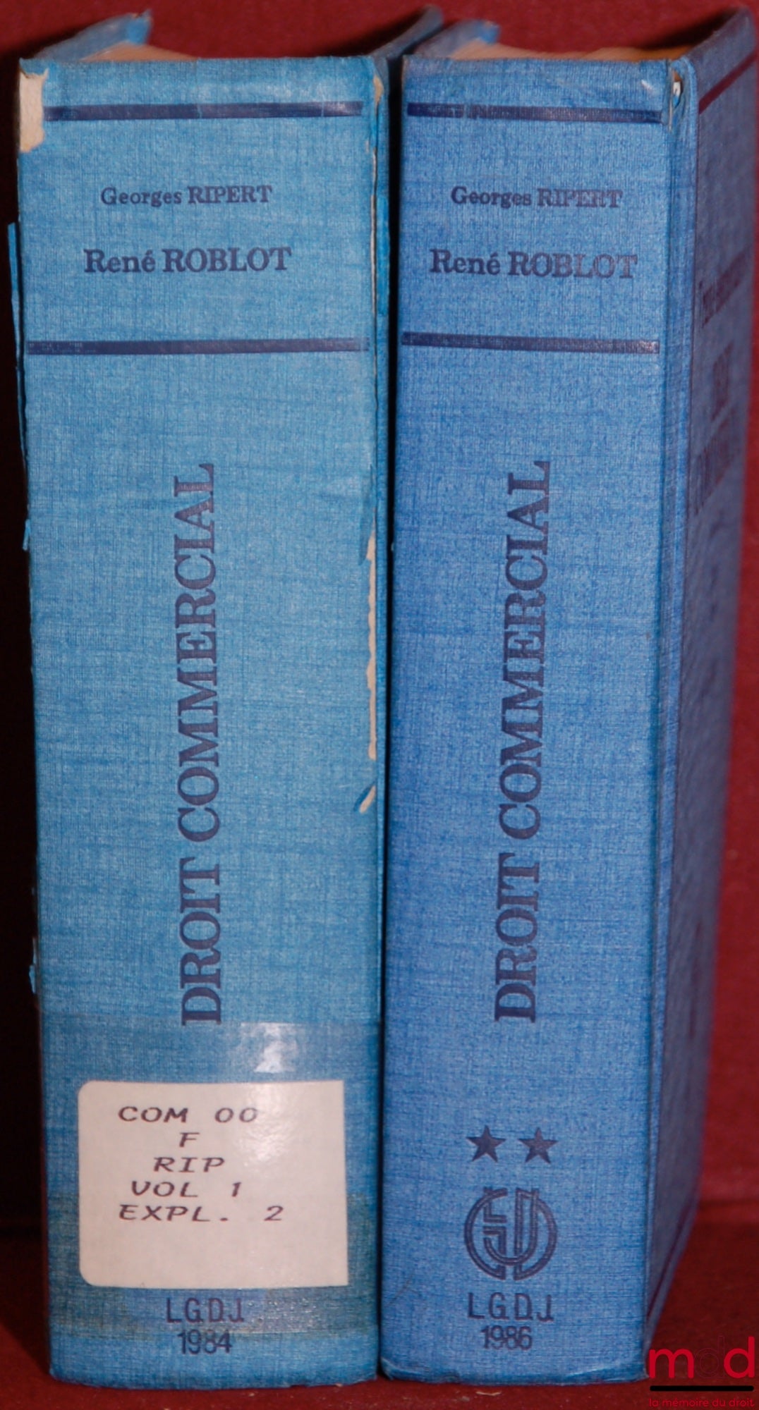 RIPERT (Georges) et ROBLOT (René) – TRAITÉ ÉLÉMENTAIRE DE DROIT COMMERCIAL t. I (11e éd. avec addendum) : Commerçants - Actes de commerce - Fonds de commerce - Sociétés commerciales ; t. II (10e éd.) : Valeurs mobilières - Effets de commerce - Opérations
