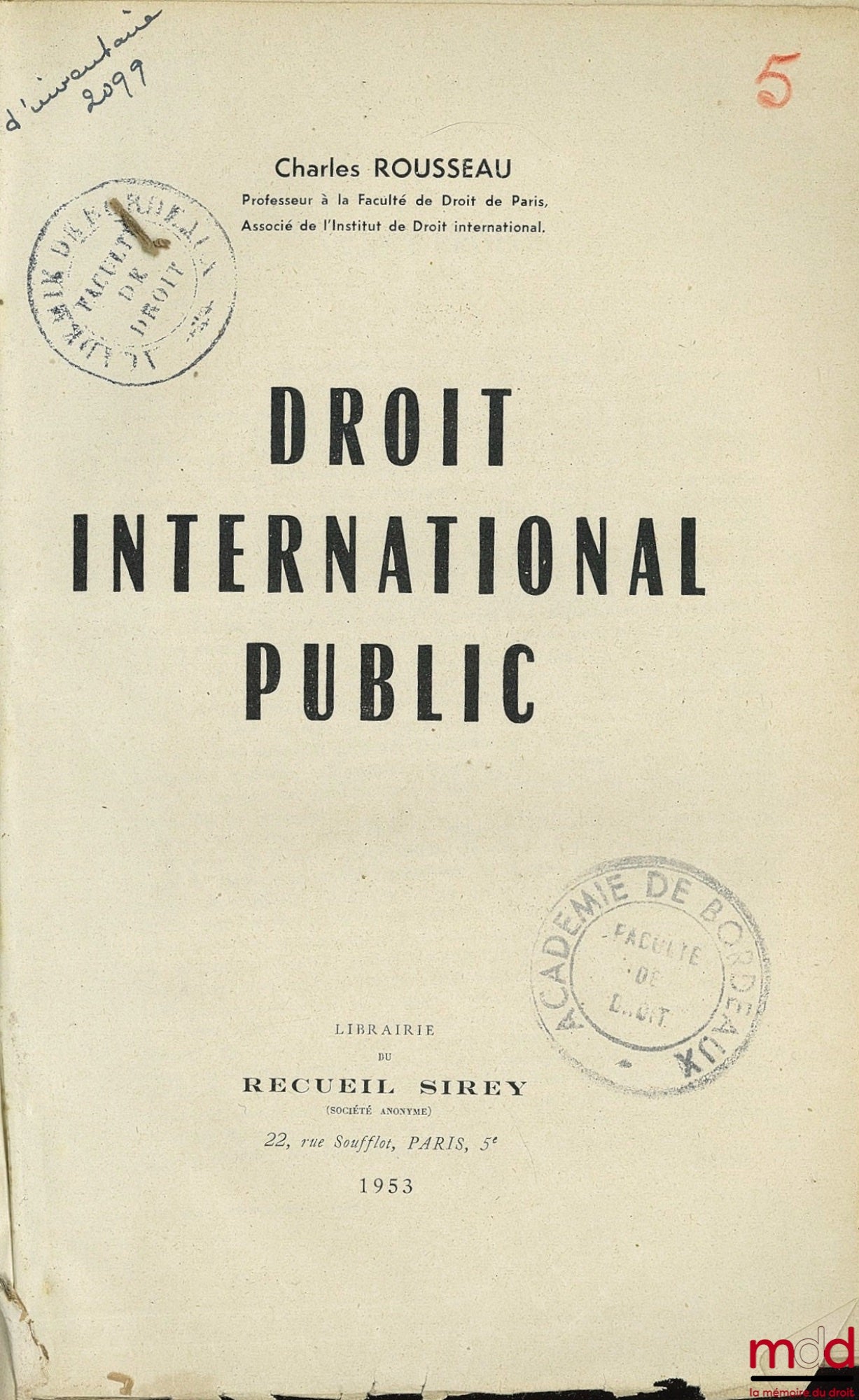 ROUSSEAU (Charles) – DROIT INTERNATIONAL PUBLIC