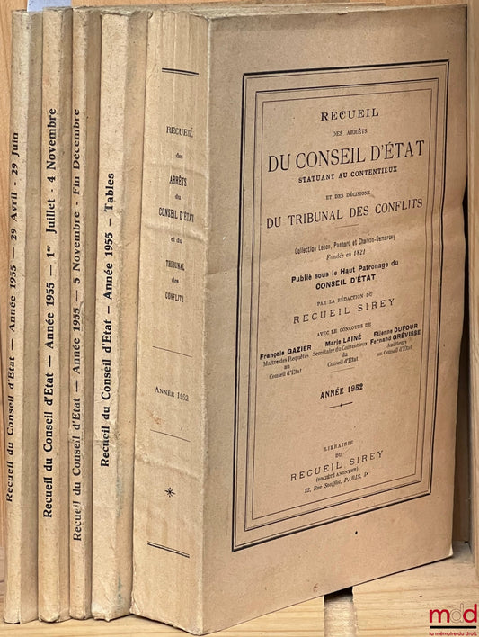 [Recueil Lebon - Conseil d’État] – RECUEIL DES DÉCISIONS DU CONSEIL D’ÉTAT STATUANT AU CONTENTIEUX DU TRIBUNAL DES CONFLITS ET DES JUGEMENTS DES TRIBUNAUX ADMINISTRATIFS, Collection Lebon, Panhard, Chalvon-Demersay fondée en 1821, 1952 et 1955 [mq. fasc.