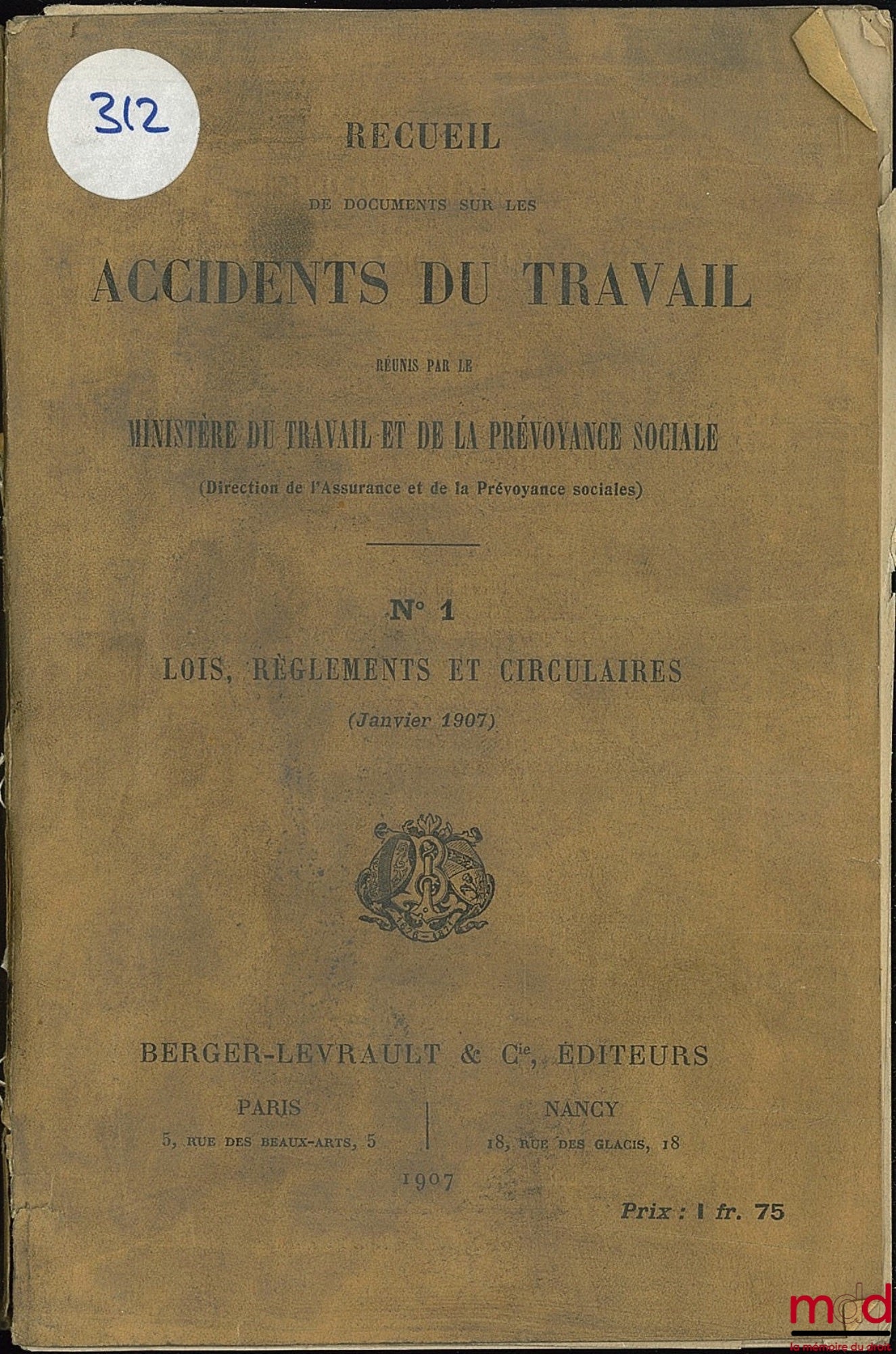 [Collective] – Ministry of Commerce, Industry, Posts and Telegraphs; Social Insurance and Welfare Division; WORK ACCIDENTS. COLLECTION OF DOCUMENTS ON WORK ACCIDENTS COMPILED BY THE MINISTRY OF COMMERCE (Directorate