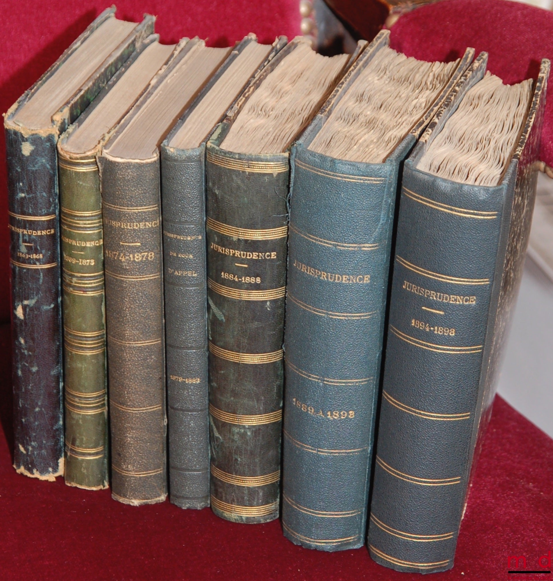 JURISPRUDENCE DE LA 1re CHAMBRE DE LA COUR D’APPEL [IMPÉRIALE] DE PARIS [1863-1898] : 1er vol. : 1863 à 1868 ; 2e vol. : 1869 à 1873 ; 3e vol. : 1874 à 1878 ; 4e vol. : 1879 à 1889 [fini à 1882] ; 5e vol. : 1884 à 1888 ; 6e vol. : 1889 à 1893 ; 7e vol. :