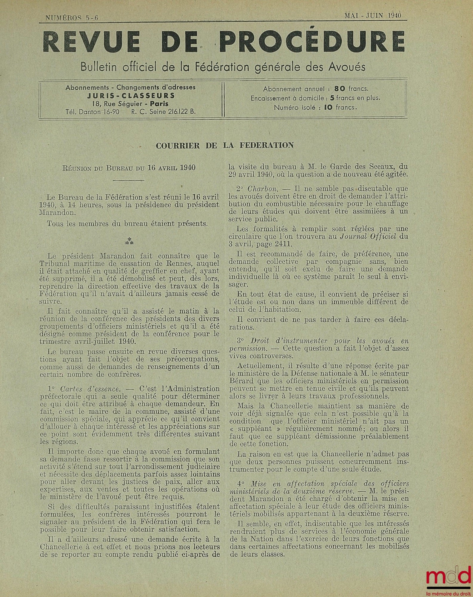 REVUE DE PROCÉDURE BULLETIN OFFICIEL DE LA FÉDÉRATION GÉNÉRALE DES AVOUÉS ; n° 1-2 de janvier-février 1937 à n° 1-2 de janvier-février 1940 [années 1937 à 1939 complètes, année 1940 1er n° seulement]