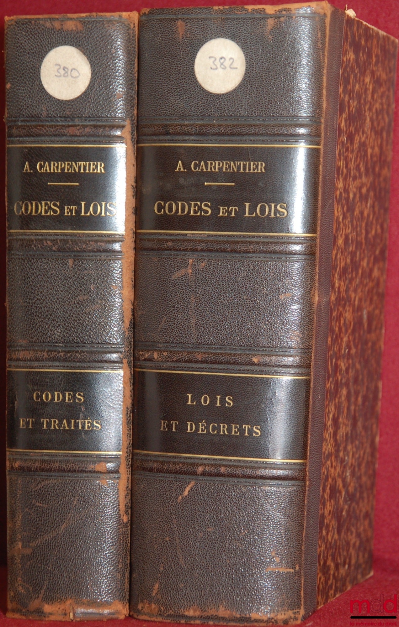 [Codes], CARPENTIER (Adrien) – CODES AND LAWS FOR FRANCE, ALGERIA AND THE COLONIES. CODES AND TREATIES. LAWS AND DECREES. Work containing under each article of the codes numerous references to the corresponding articles and to laws of general interest.