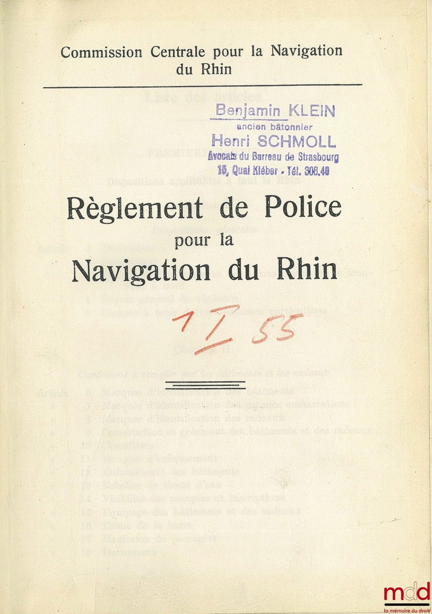 [Collectif] – RÈGLEMENT DE POLICE POUR LA NAVIGATION DU RHIN, Commission Centrale pour la Navigation du Rhin
