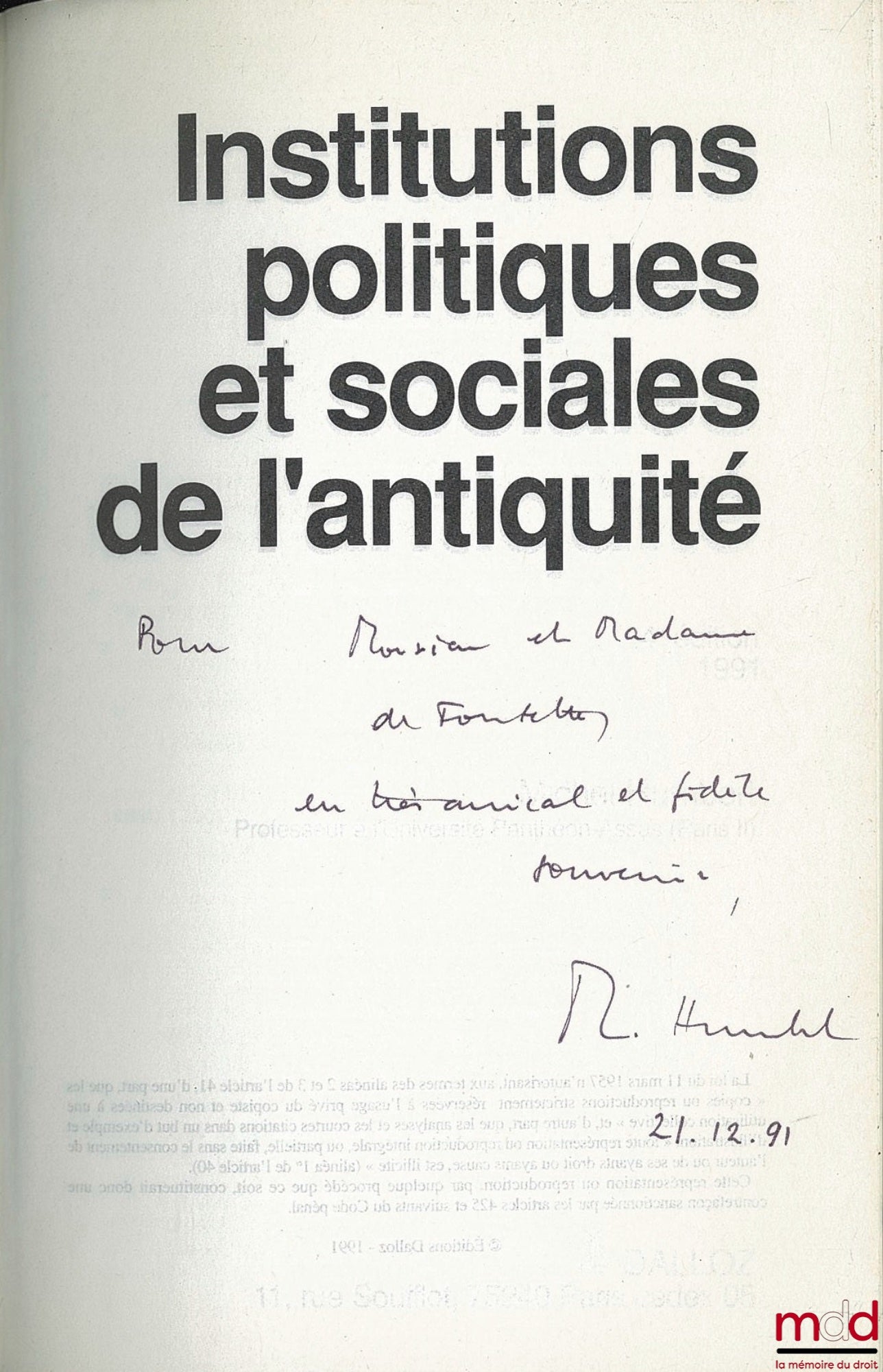 HUMBERT (Michel) – INSTITUTIONS POLITIQUES ET SOCIALES DE L’ANTIQUITÉ, 4ème éd., coll. Précis Dalloz