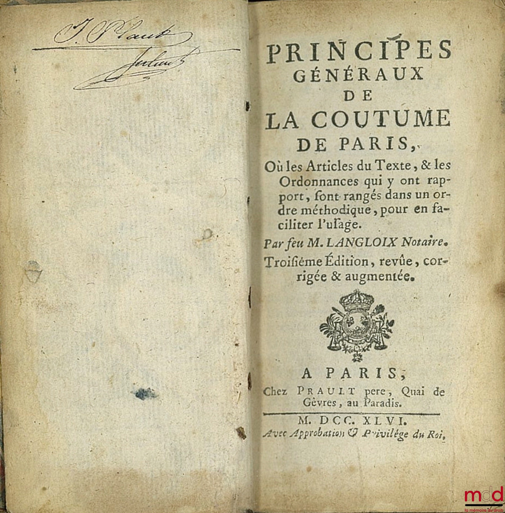 LANGLOIX (Simon-François) – GENERAL PRINCIPLES OF THE CUSTOM OF PARIS, Where the articles of the text & the ordinances relating thereto are arranged in a methodical order to facilitate their use, 3rd ed. revised, corrected & augmented