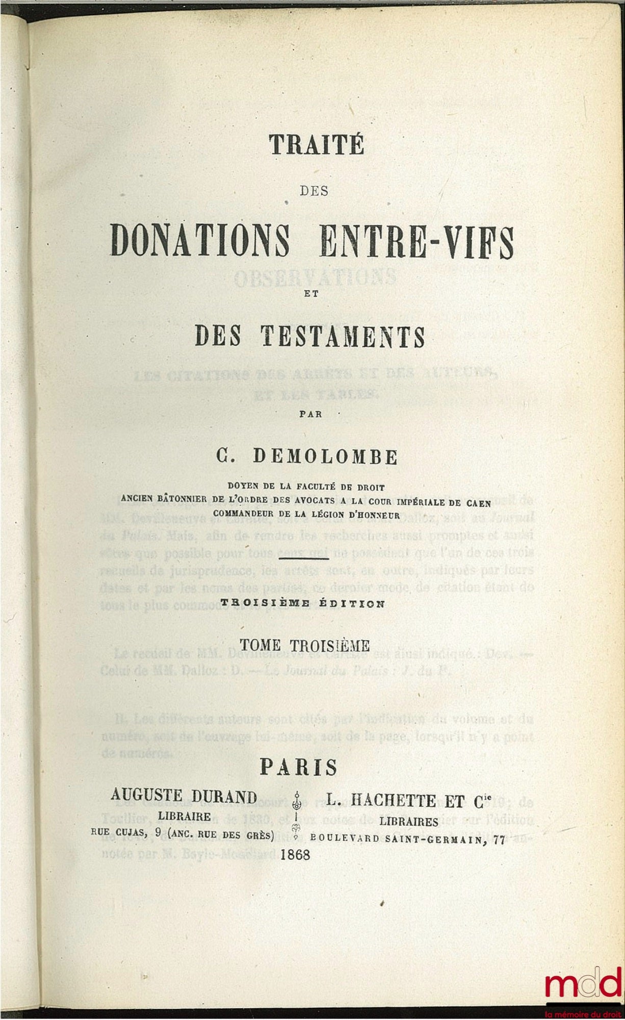 DEMOLOMBE (Charles) – COURS DE CODE NAPOLÉON, tomes 6 à 31 [mq. les t. 7, 11 et 21], édition composite