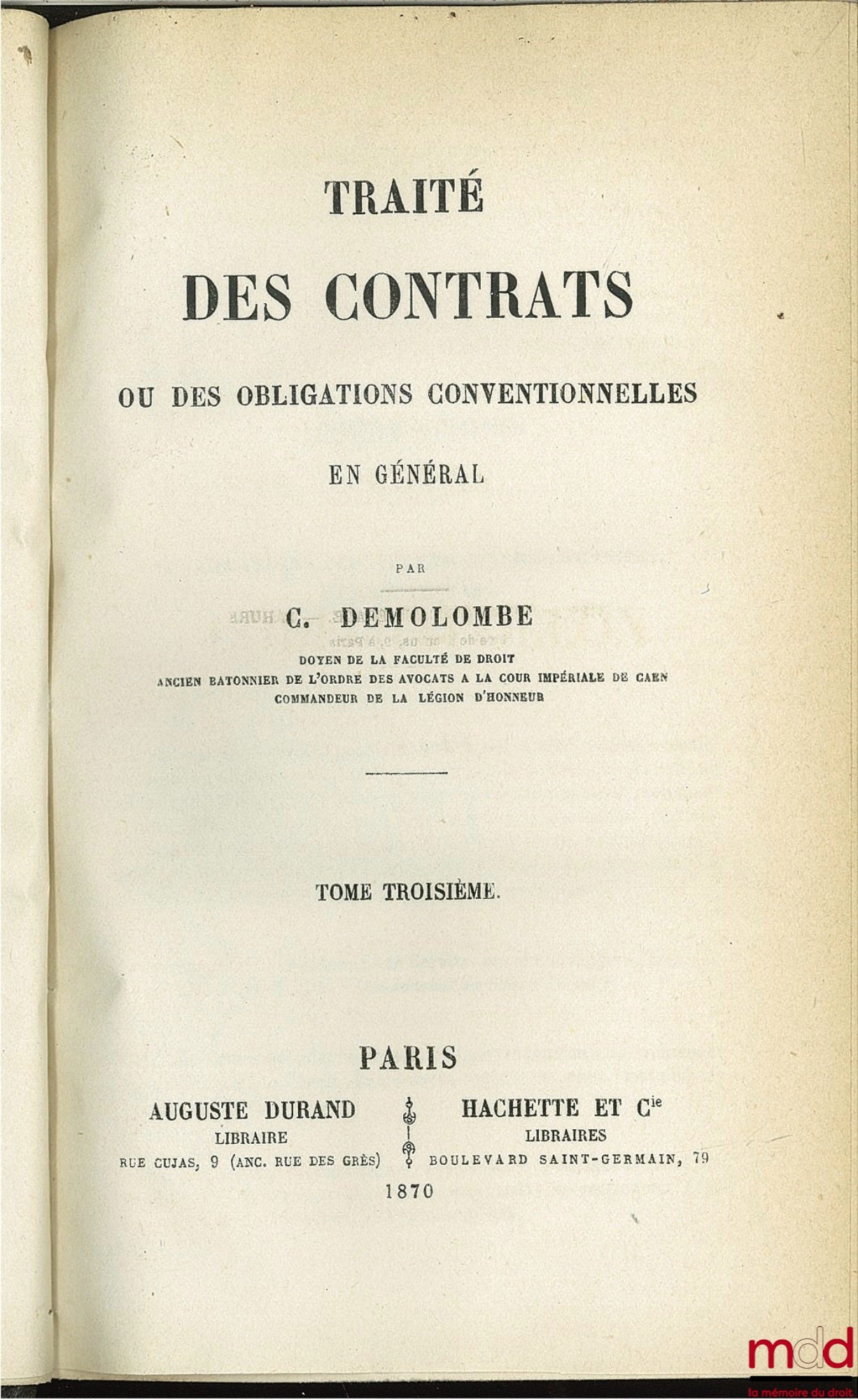 DEMOLOMBE (Charles) – COURS DE CODE NAPOLÉON, tomes 6 à 31 [mq. les t. 7, 11 et 21], édition composite