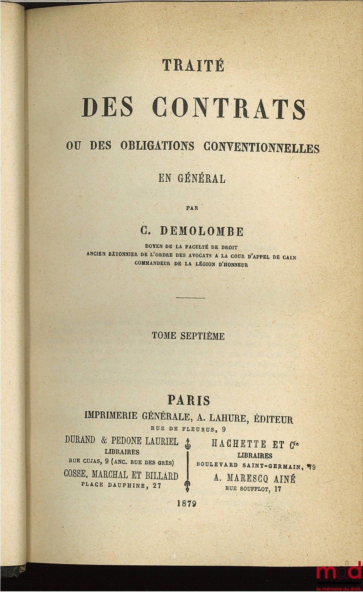 DEMOLOMBE (Charles) – COURS DE CODE NAPOLÉON, tomes 6 à 31 [mq. les t. 7, 11 et 21], édition composite