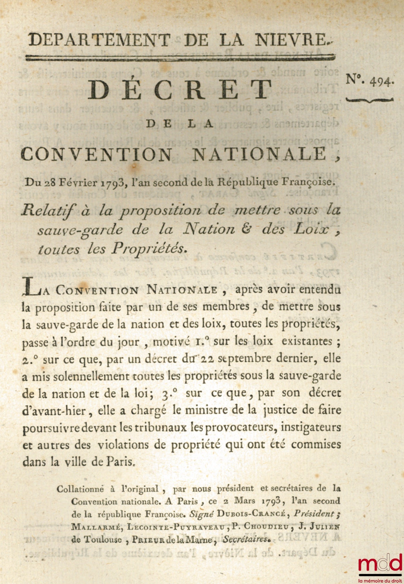 [Property] – Decree of the National Convention, February 28, 1793, the second year of the French Republic. CONCERNING THE PROPOSAL TO PLACE ALL PROPERTIES UNDER THE SAFEGUARD OF THE NATION AND THE LAWS. Signed Garat. Department of Nièvre, bull
