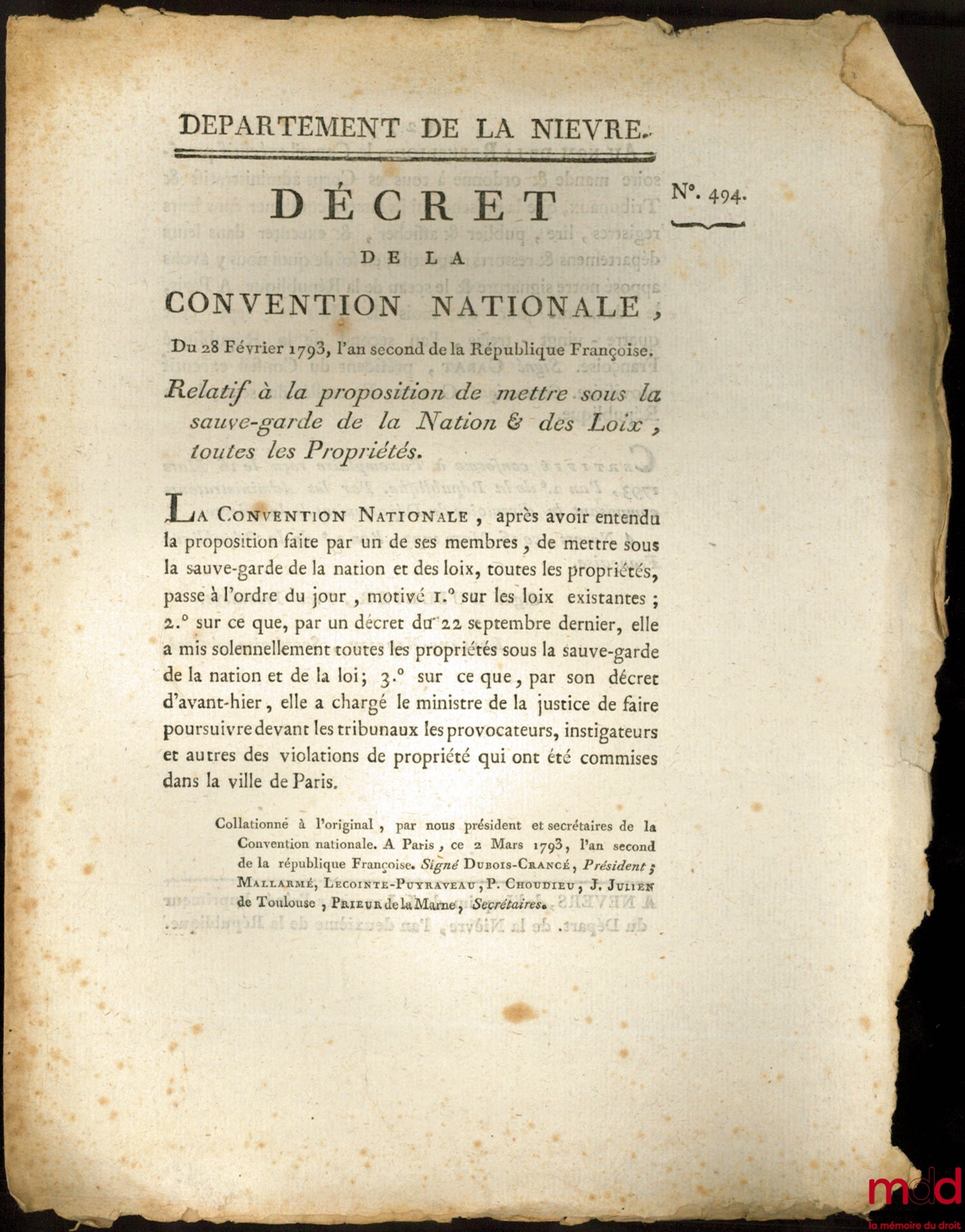 [Property] – Decree of the National Convention, February 28, 1793, the second year of the French Republic. CONCERNING THE PROPOSAL TO PLACE ALL PROPERTIES UNDER THE SAFEGUARD OF THE NATION AND THE LAWS. Signed Garat. Department of Nièvre, bull