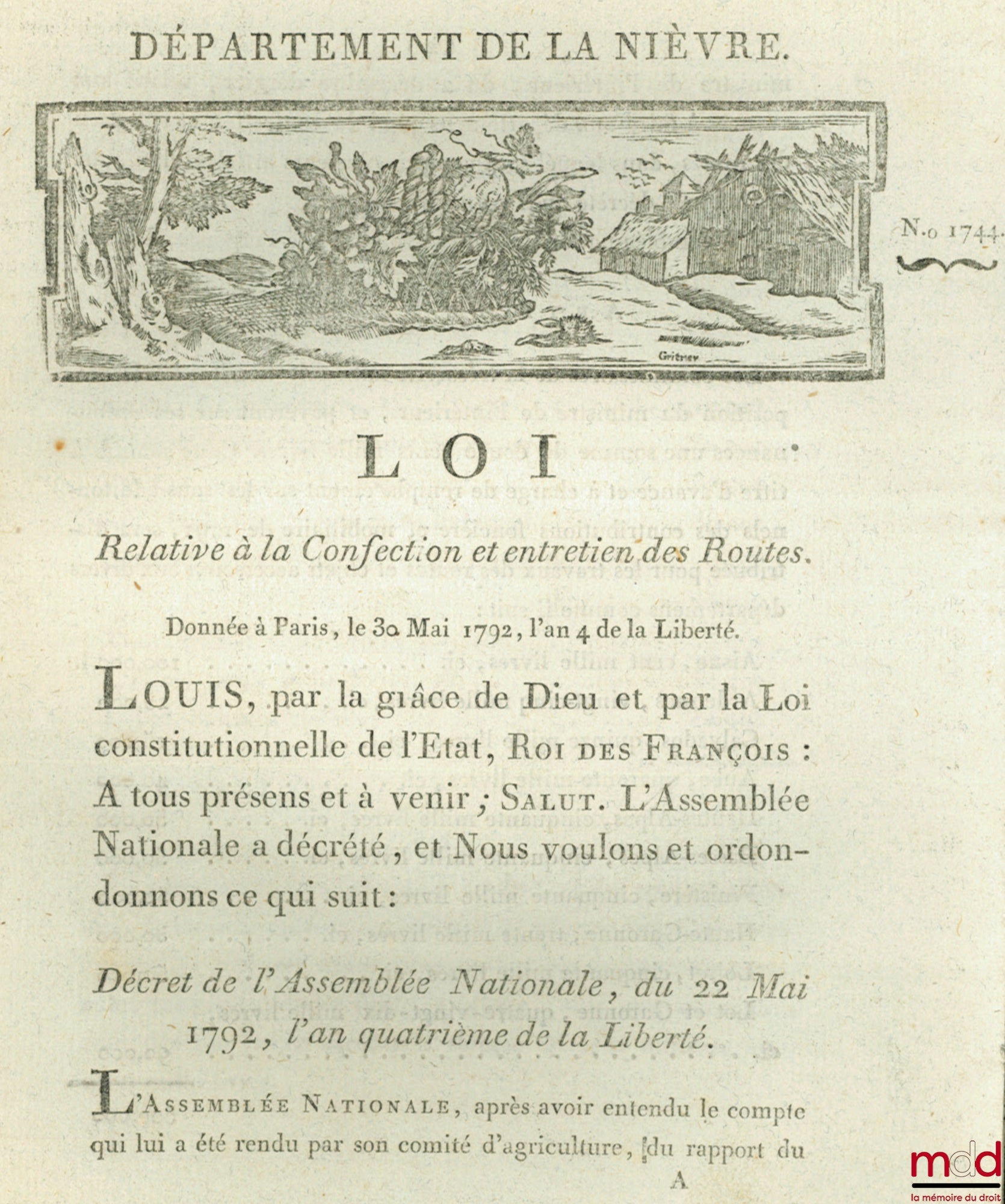 Law concerning the construction and maintenance of roads. Given in Paris, May 30, 1792, Year IV of Liberty. Signed Louis Duranthon. Department of Nièvre, bulletin no. 1744