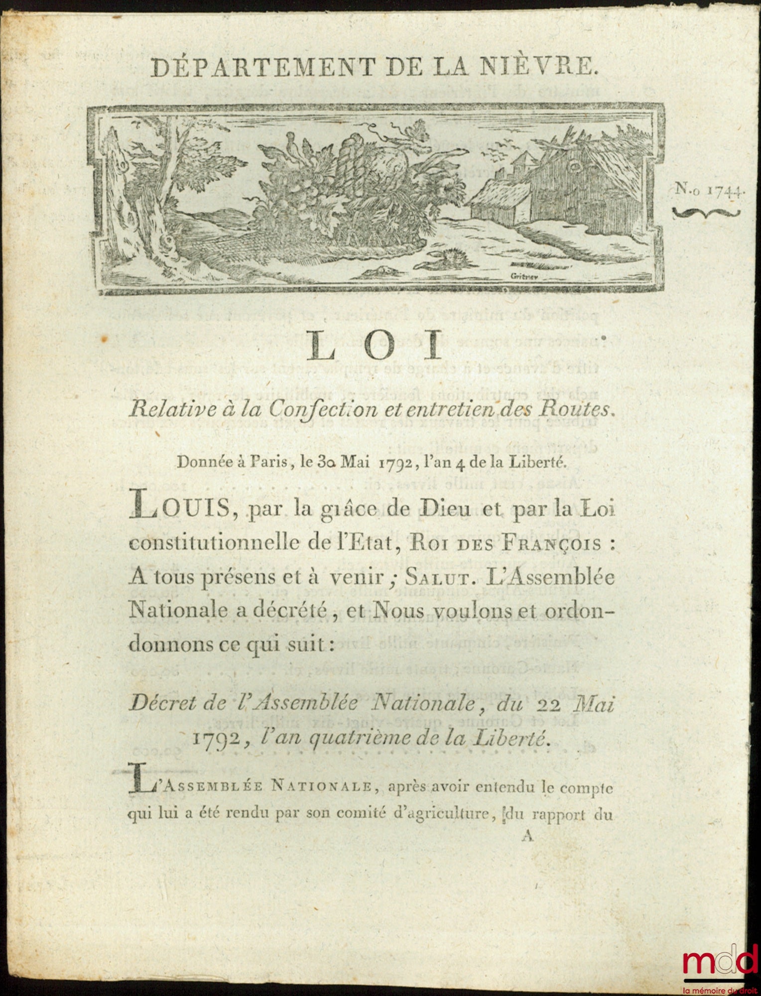 Law concerning the construction and maintenance of roads. Given in Paris, May 30, 1792, Year IV of Liberty. Signed Louis Duranthon. Department of Nièvre, bulletin no. 1744