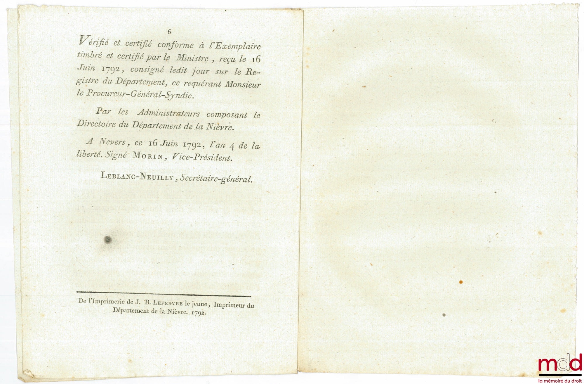 Law concerning the construction and maintenance of roads. Given in Paris, May 30, 1792, Year IV of Liberty. Signed Louis Duranthon. Department of Nièvre, bulletin no. 1744