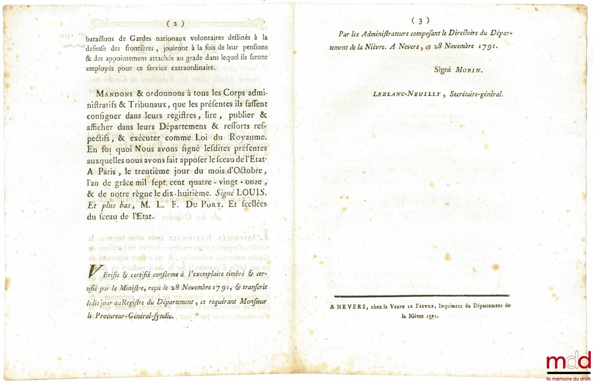 [National Guard] – Law RELATING TO STATE-PENSIONED CITIZENS WHO WILL BE PLACED IN VOLUNTEER NATIONAL GUARD BATAILLIONS INTENDED FOR BORDER DEFENSE. Signed Louis MLF Duport. Given in Paris, October 30, 1791, Department of
