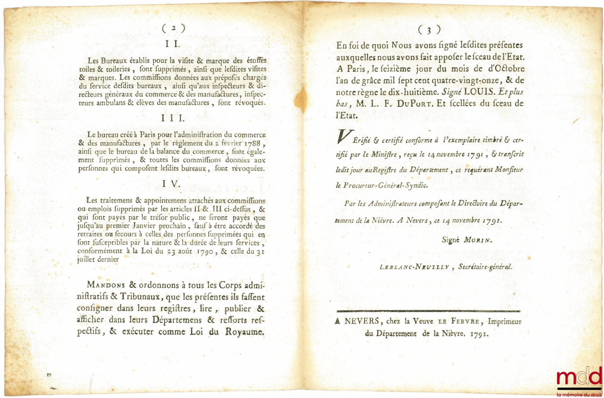 [Judicial Organization] – Law abolishing all chambers of commerce existing in the Kingdom. Signed Louis MLF Duport. Given in Paris, October 16, 1791, Department of Nièvre, bulletin no. 1400