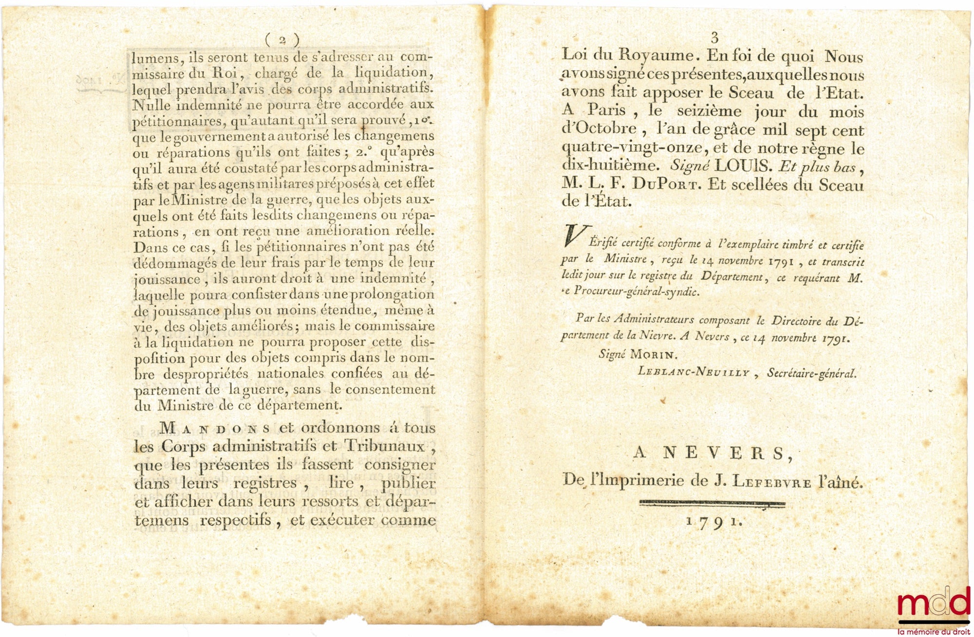 Loi RELATIVE AUX CI-DEVANT OFFICIERS DES ÉTATS-MAJORS DES PLACES. Signé Louis M. L. F. Duport. Donnée à Paris, le 16 Octobre 1791, Département de la Nièvre, bull. n° 1406