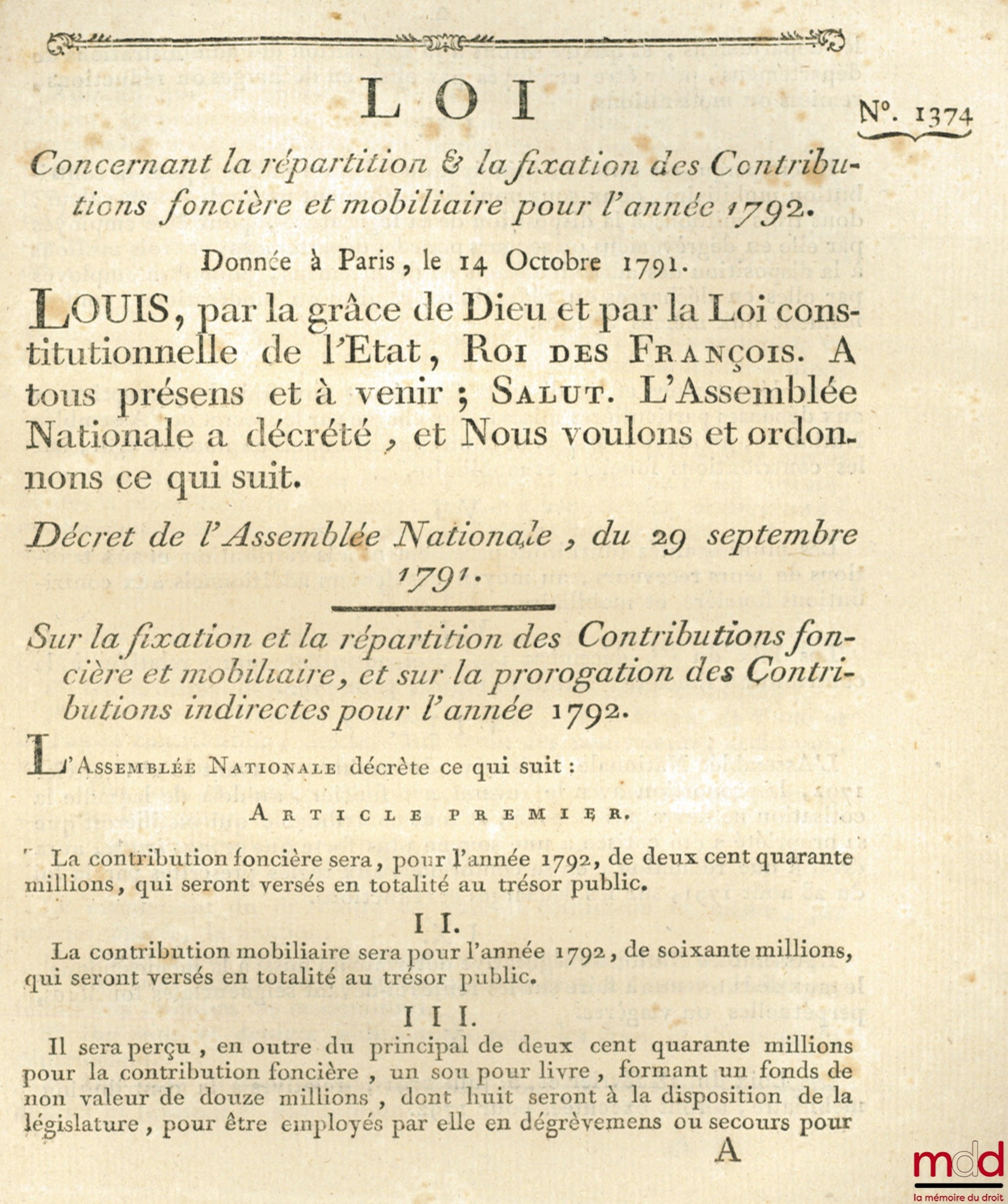 Loi CONCERNANT LA RÉPARTITION & LA FIXATION DES CONTRIBUTIONS FONCIÈRE ET MOBILIAIRE POUR L’ANNÉE 1792. Signé Louis M. L. F. Duport. Donnée à Paris, le 14 Octobre 1792, bull. n° 1374