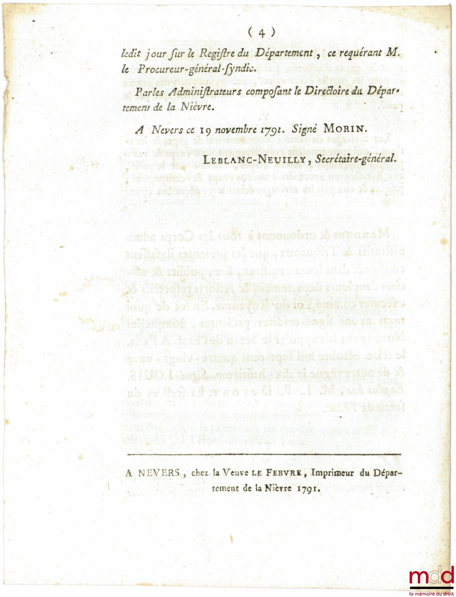 Loi RELATIVE AUX CI-DEVANT TITULAIRES D’OFFICES DE JUDICATURE OU DE FINANCE & AUX PROPRIÉTAIRES DE PARTIES HÉRÉDITAIRES SUR LES TAILLES. Signé Louis M. L. F. Duport. Donnée à Paris, le 16 Octobre 1791, Département de la Nièvre, bull. n° 1369