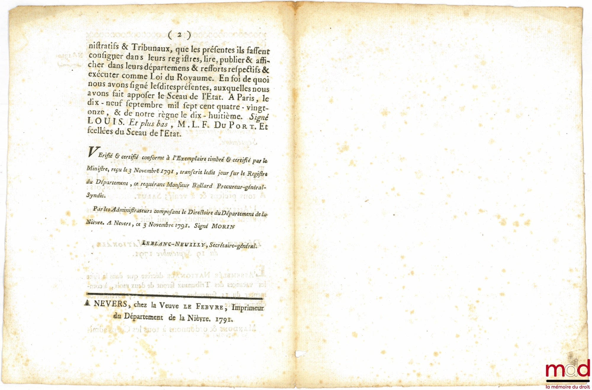 [Judicial Organization] – Law stipulating that, henceforth, the court recesses shall be for two months, beginning on September 15th. Given in Paris, September 28, 1791. Signed Louis MLF Duport. Department of Nièvre, bulletin no. 1320
