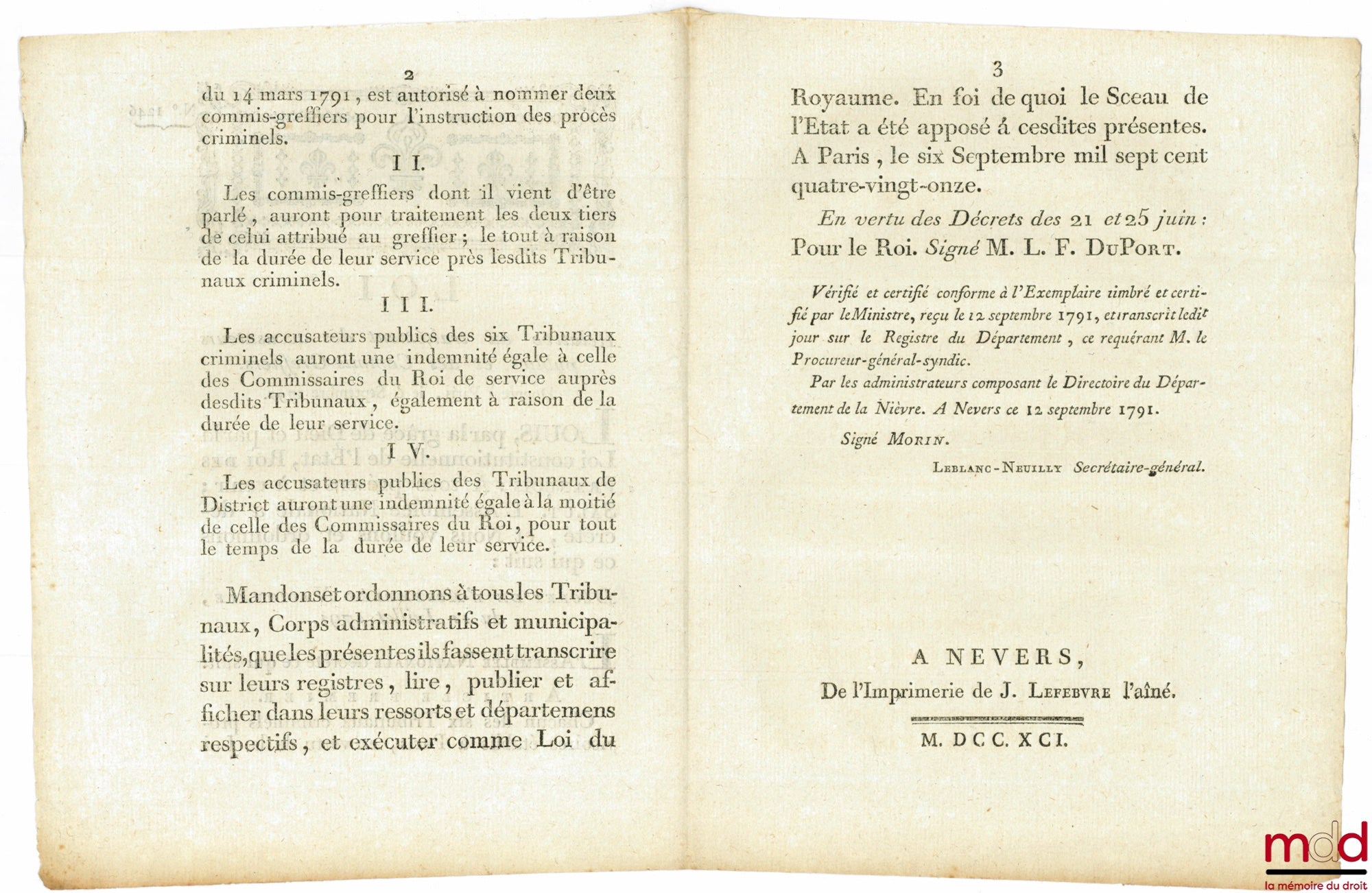 [Judicial Organization] – Law CONCERNING THE TREATMENT OF PUBLIC PROSECUTORS AND COURT CLERK. Given in Paris, September 6, 1791. Signed Louis MLF Duport. Department of Nièvre, bulletin no. 1246