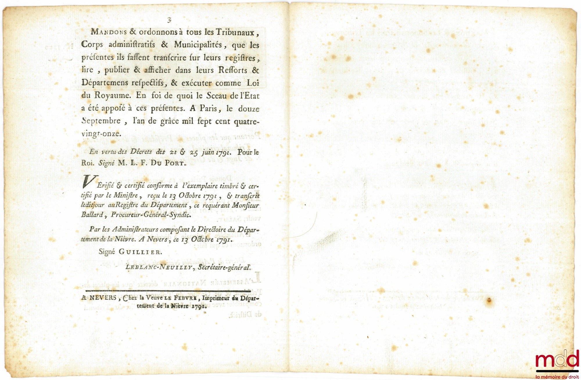 [Judicial Organization] – Law stipulating that the positions of President and Clerk of the Criminal Court are incompatible with those of Judge and Clerk of the District Court. Given in Paris, September 12, 1791. Signed Louis MLF Duport. Departure