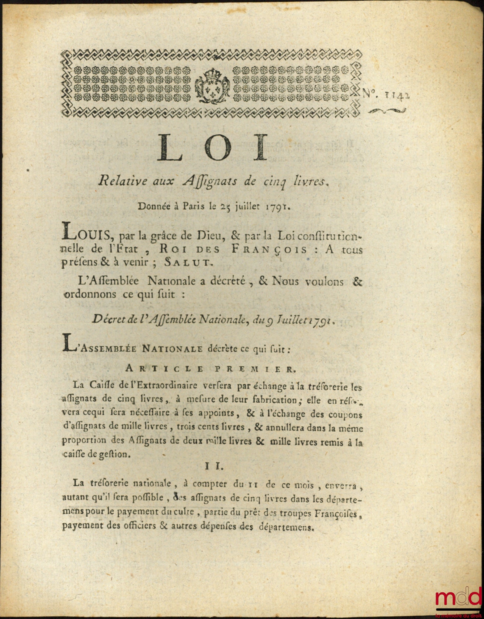 Loi RELATIVE AUX ASSIGNATS DE CINQ LIVRES. Donné à Paris, le 25 Juillet 1791. DU TRIBUNAL DE DISTRICT. Donnée à Paris, le 12 Septembre 1791. Signé Louis M. L. F. Duport. Département de la Nièvre, bull. n° 1142