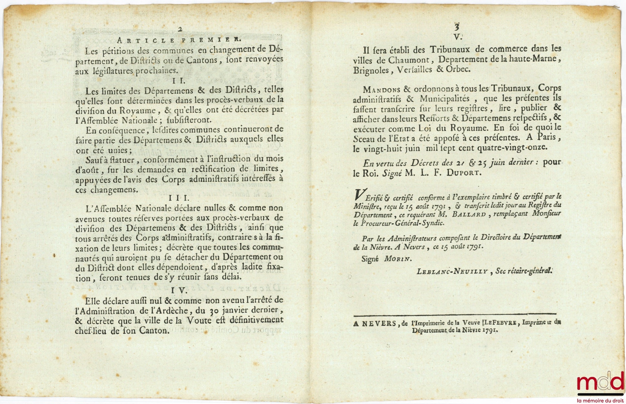 Law which orders, among other things, that the boundaries of the departments and districts shall remain as determined by the minutes of the division of the kingdom, and which appoints commercial courts in the towns of Chaumont, Department