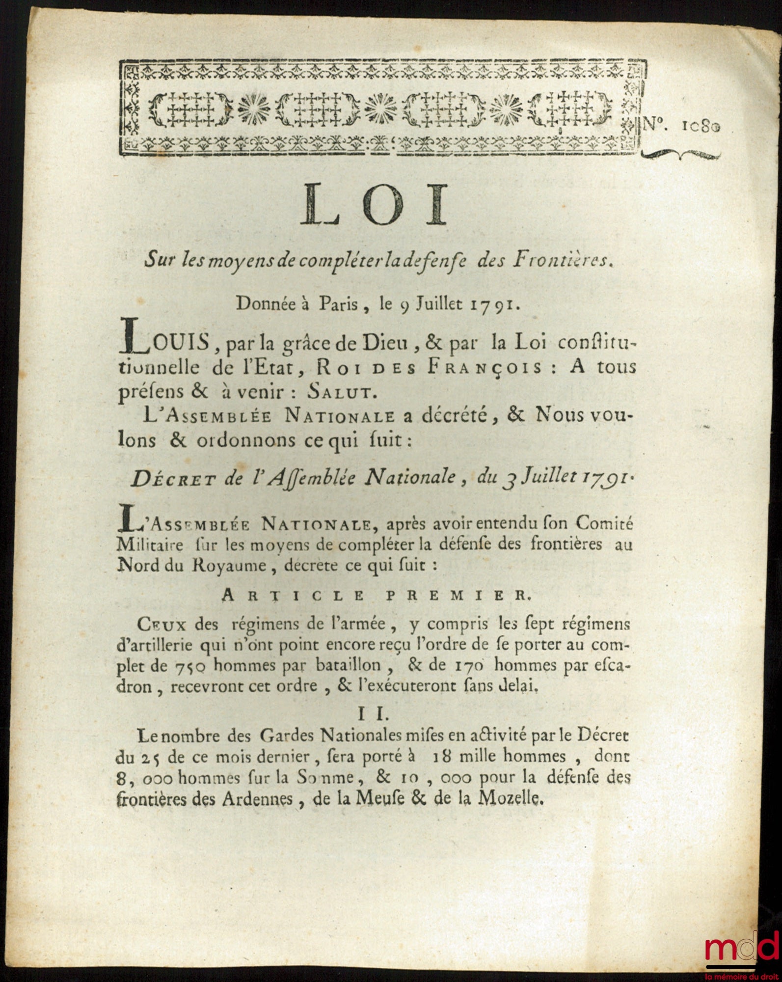 Law on the means of supplementing border defenses, given in Paris, July 9, 1791. Signed Louis MLF Duport. Department of Nièvre, bulletin no. 1080