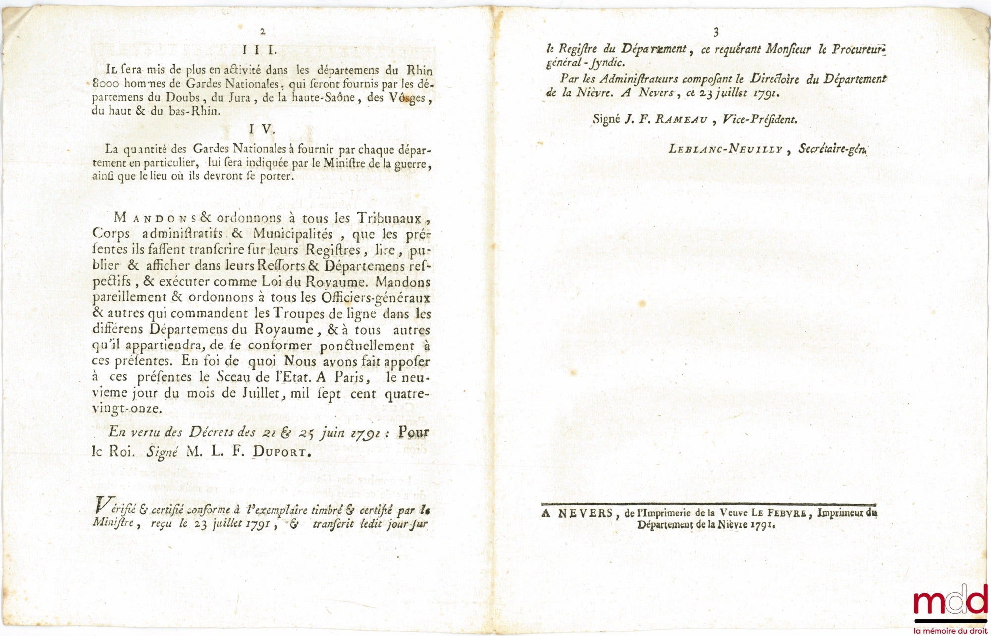 Law on the means of supplementing border defenses, given in Paris, July 9, 1791. Signed Louis MLF Duport. Department of Nièvre, bulletin no. 1080