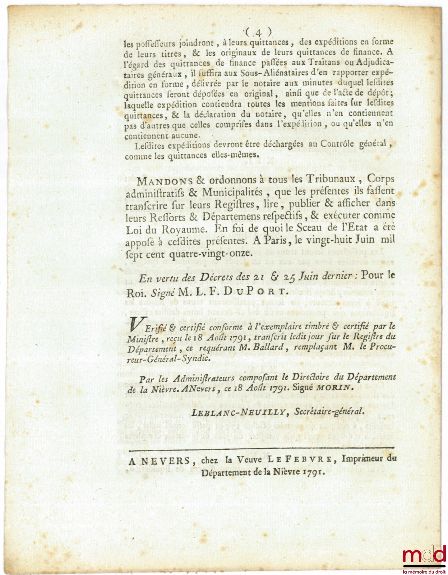 Loi RELATIVE AU REMBOURSEMENT DES ANCIENS GREFFIERS & AUTRES POSSESSEURS D’OFFICES DOMANIAUX. Donnée à Paris, le 28 Juin 1791. Signé Louis M. L. F. Duport. Département de la Nièvre, bull. n° 1042