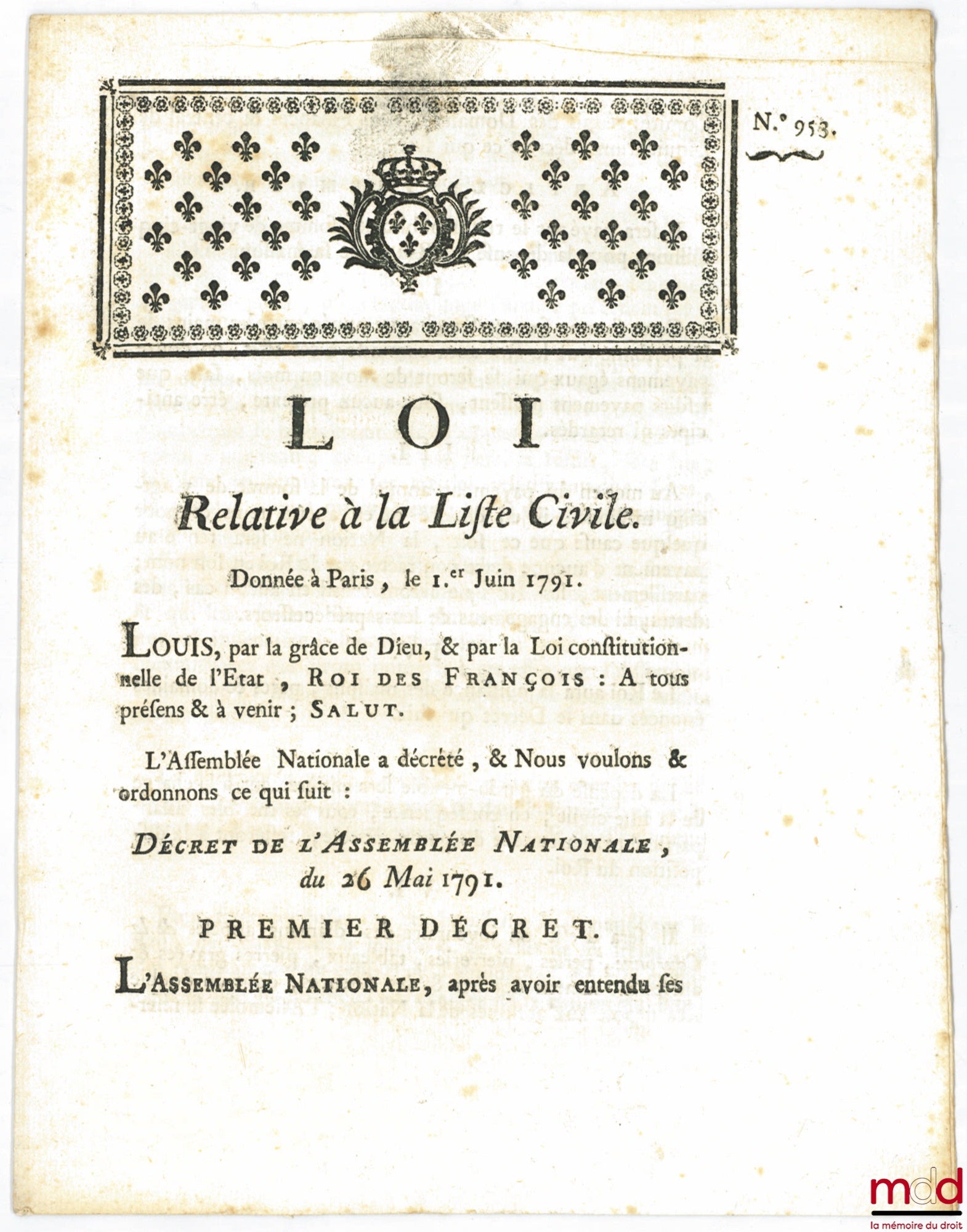 M. L. F. DUPORT (Louis) – Loi RELATIVE À LA LISTE CIVILE. Signé Louis M. L. F. Duport. Donnée à Paris, le Ier Juin 1791, Département de la Nièvre, bull. n° 980