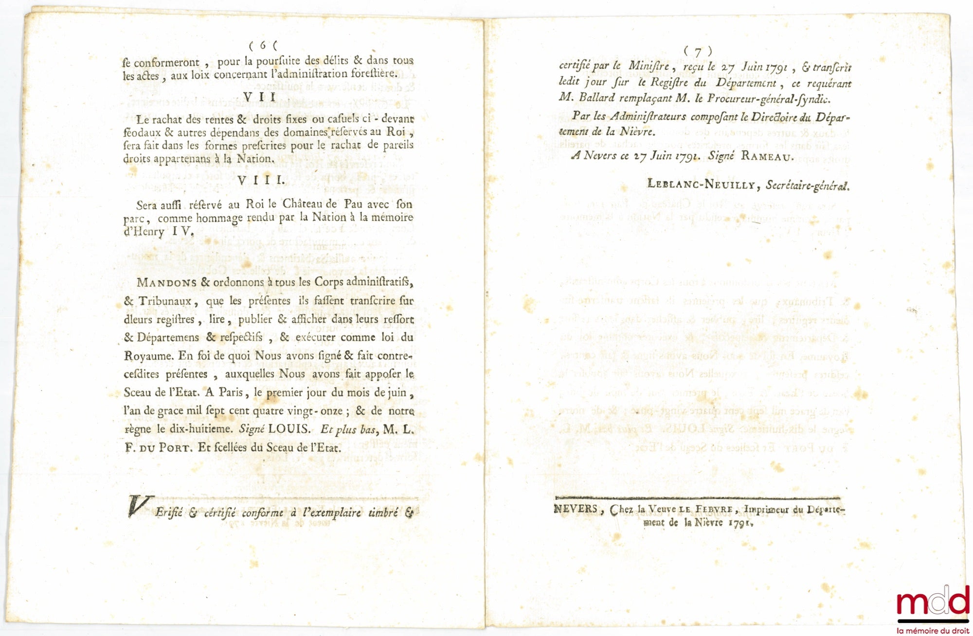 M. L. F. DUPORT (Louis) – Loi RELATIVE À LA LISTE CIVILE. Signé Louis M. L. F. Duport. Donnée à Paris, le Ier Juin 1791, Département de la Nièvre, bull. n° 980