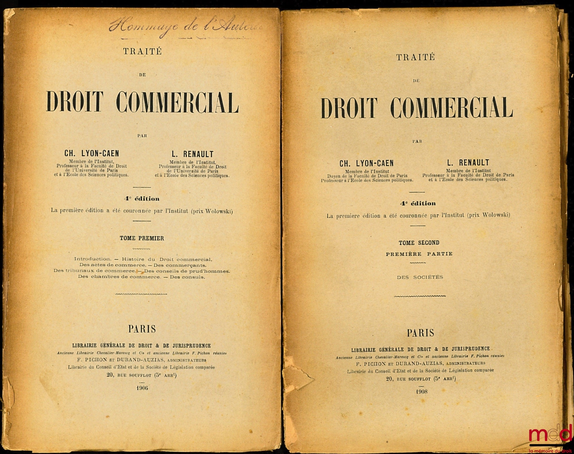 LYON-CAEN (Ch.) et RENAULT (L.) – TRAITÉ DE DROIT COMMERCIAL, t. I et T. II ( 1ère partie), 4ème éd.