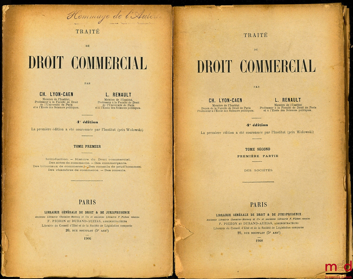 LYON-CAEN (Ch.) et RENAULT (L.) – TRAITÉ DE DROIT COMMERCIAL, t. I et T. II ( 1ère partie), 4ème éd.