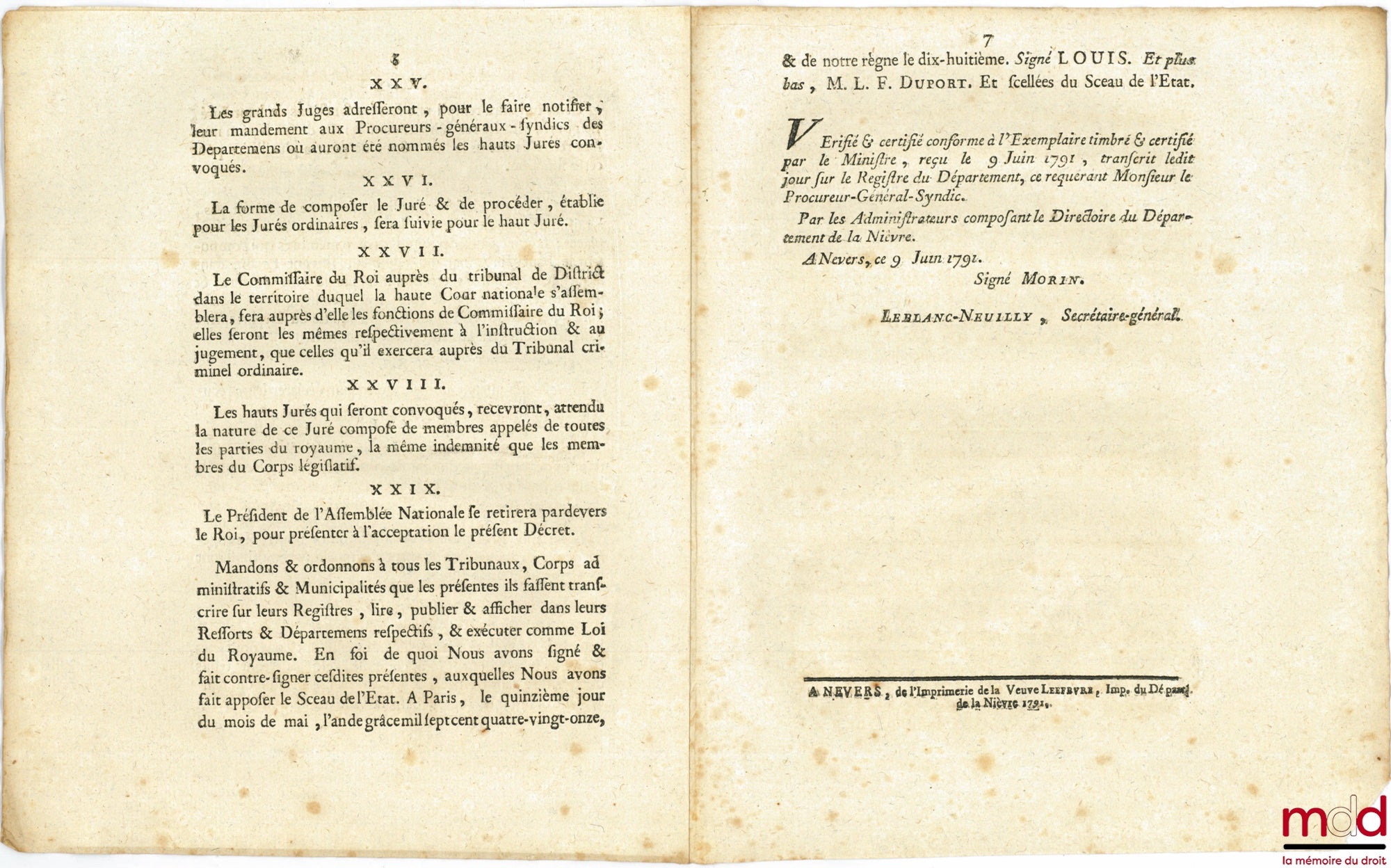 [Judicial Organization] – Law RELATING TO THE FORMATION OF THE HIGH NATIONAL COURT. Signed Louis MLF Duport. Given in Paris, May 15, 1791, Department of Nièvre, bull. no. 899
