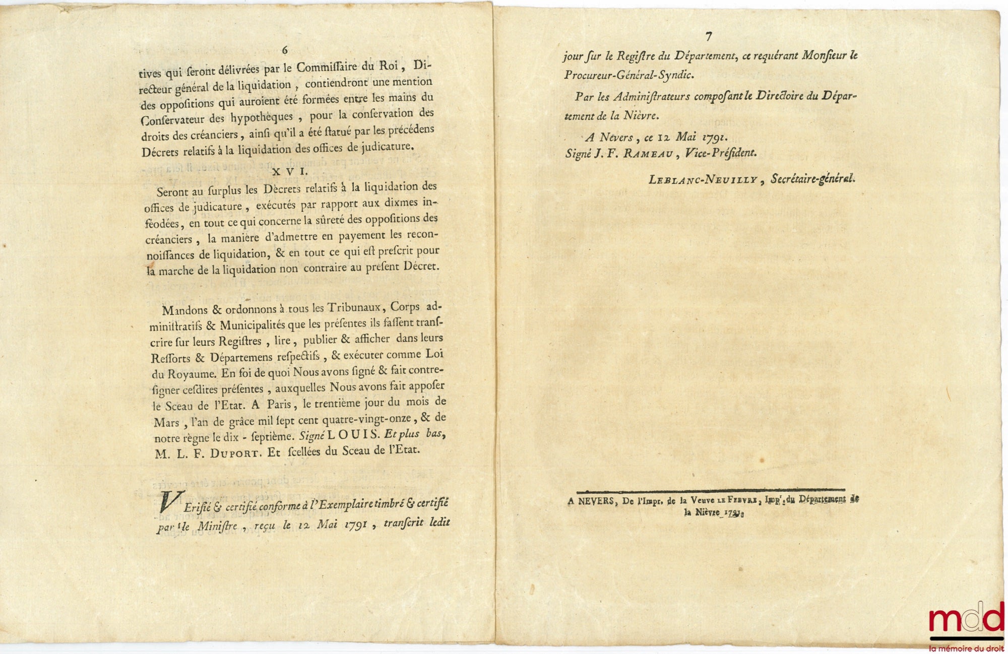 Loi RELATIVE AUX DIXMES INFÉODÉS. Signé Louis M. L. F. Duport. Donnée à Paris, le 30 Mars 1791, Département de la Nièvre, bull. n° 733