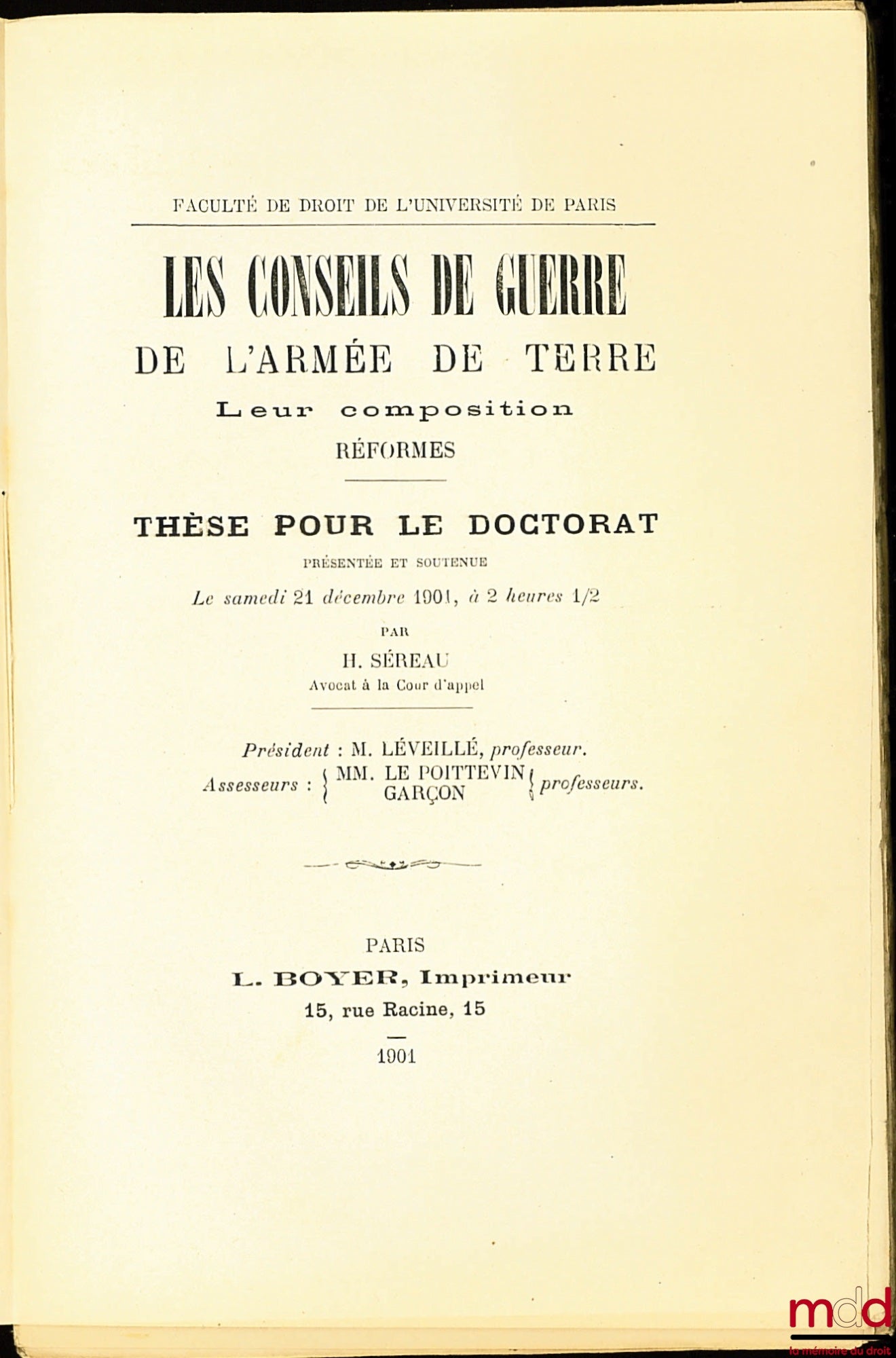 SÉREAU (H.) – THE ARMY COUNCILS-WAR, THEIR COMPOSITION, REFORMS, Doctoral Thesis