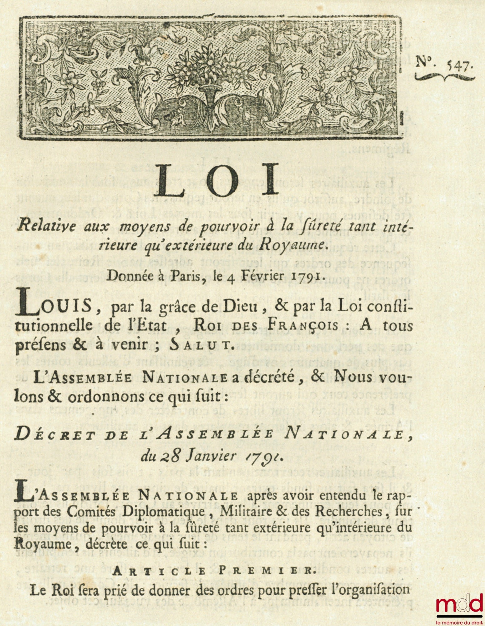 Loi RELATIVE AUX MOYENS DE POURVOIR À LA SÛRETÉ TANT INTÉRIEURE QU’EXTÉRIEURE DU ROYAUME. Signé Louis M. L. F. Duport. Donnée à Paris, le 4 Février 1791, Département de la Nièvre, bull. n° 547