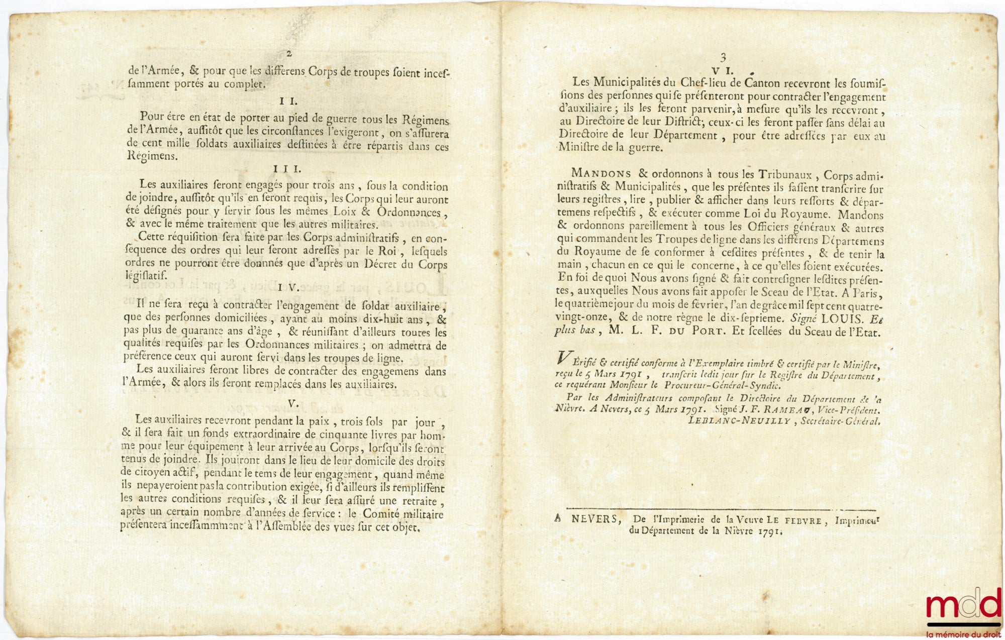 Loi RELATIVE AUX MOYENS DE POURVOIR À LA SÛRETÉ TANT INTÉRIEURE QU’EXTÉRIEURE DU ROYAUME. Signé Louis M. L. F. Duport. Donnée à Paris, le 4 Février 1791, Département de la Nièvre, bull. n° 547