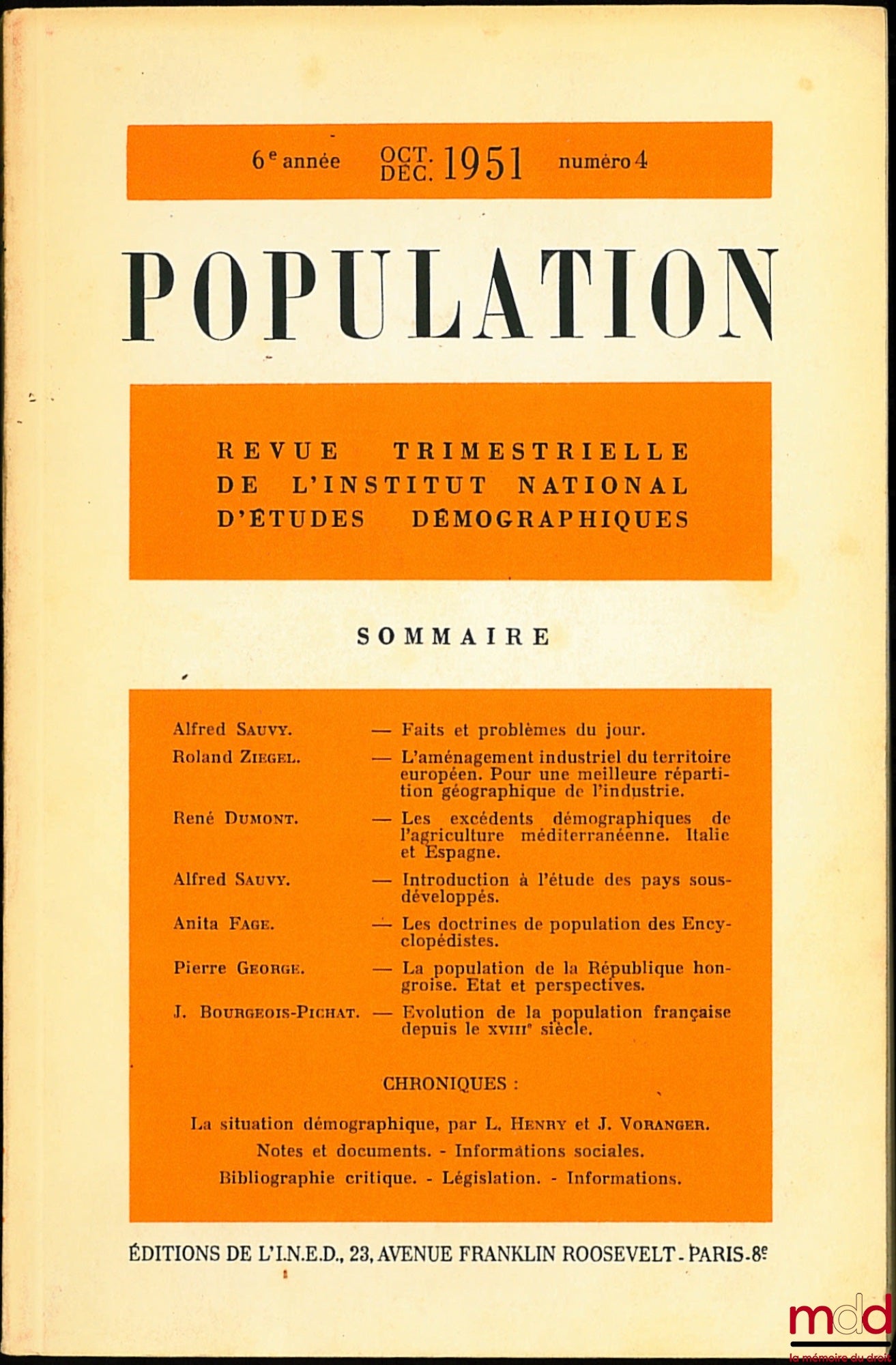 REVUE TRIMESTRIELLE DE L’INSTITUT NATIONAL D’ÉTUDES DÉMOGRAPHIQUES, 6e année, n° 4 : POPULATION