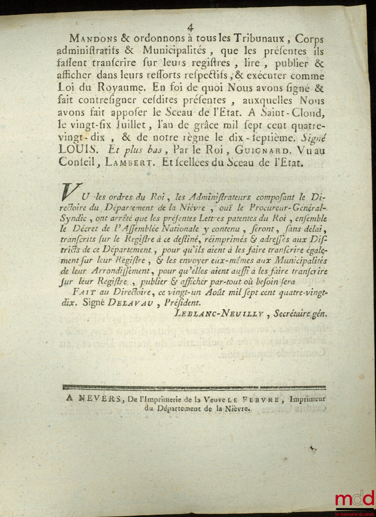 Letters Patent of the King, on the Decrees of the National Assembly, of July 9 & 21, 1790, which suppress the offices of jurors, created by edict of February 1771, or others; order that the duty of four pennies per pound of the price of the